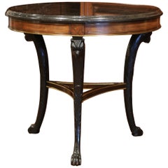 19th Century French Carved Mahogany and Brass Inlay Gueridon with Marble Top