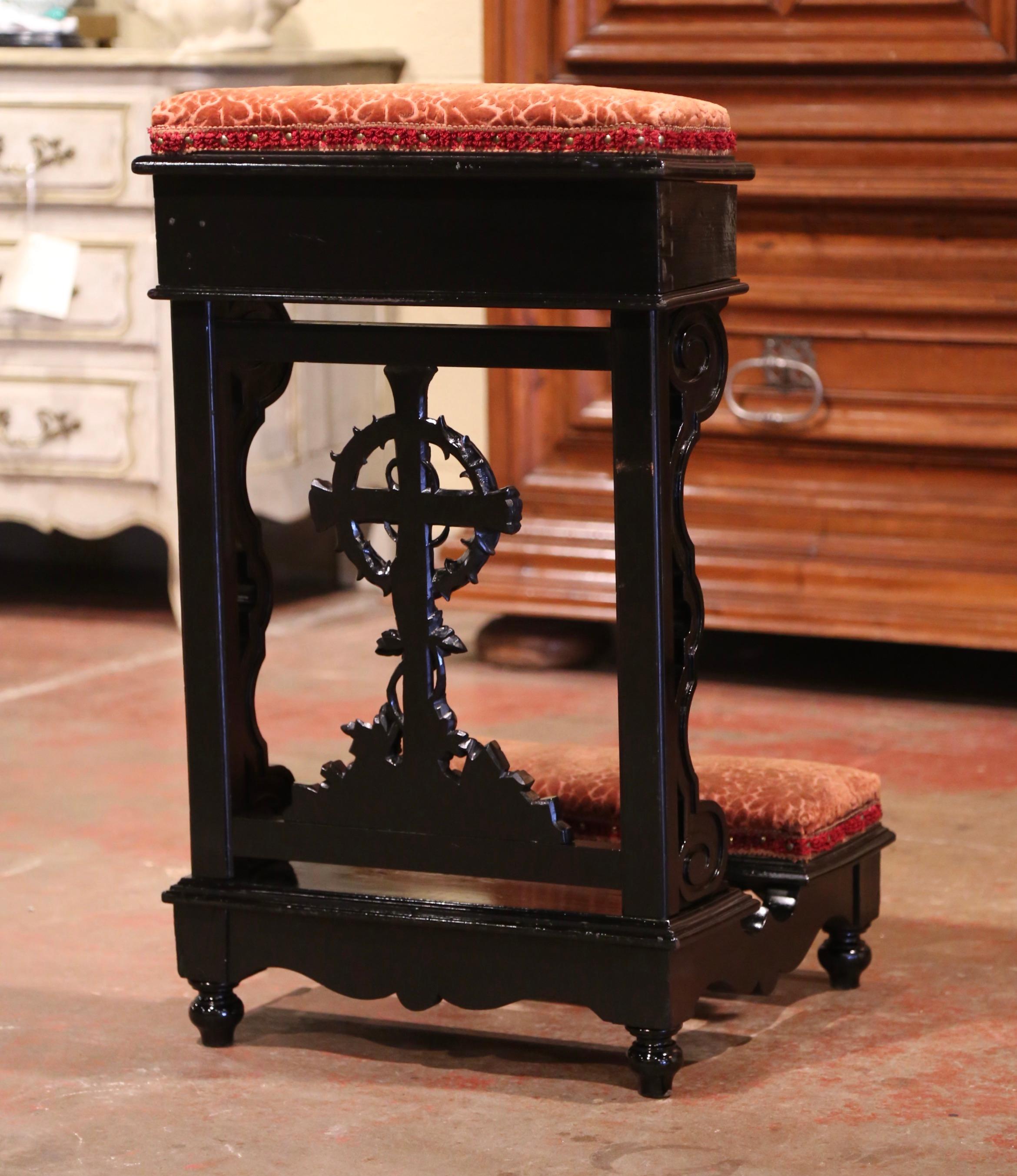 19th Century French Carved Mahogany and Velvet Prayer Chair with Crown of Thorns 5