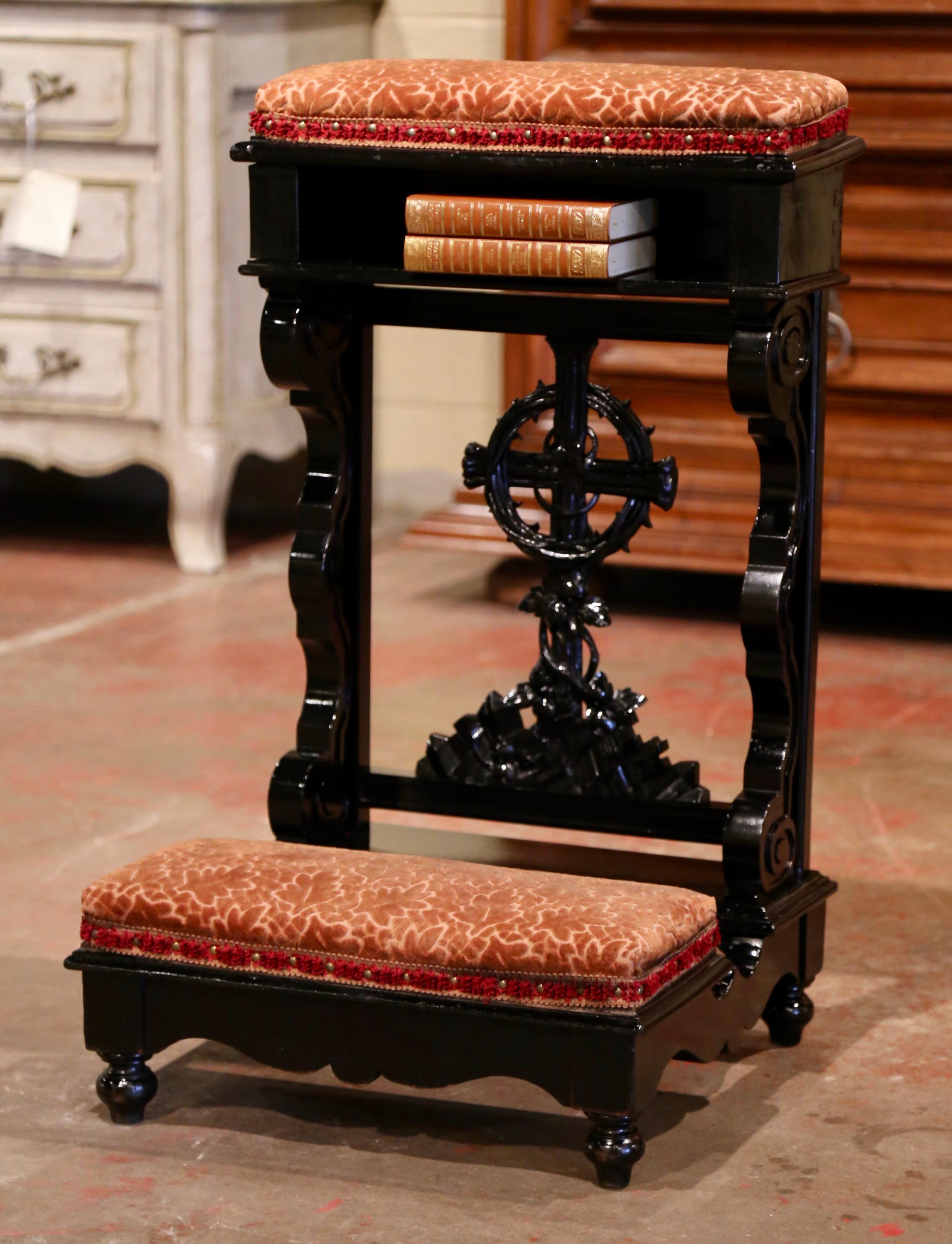 19th Century French Carved Mahogany and Velvet Prayer Chair with Crown of Thorns 2
