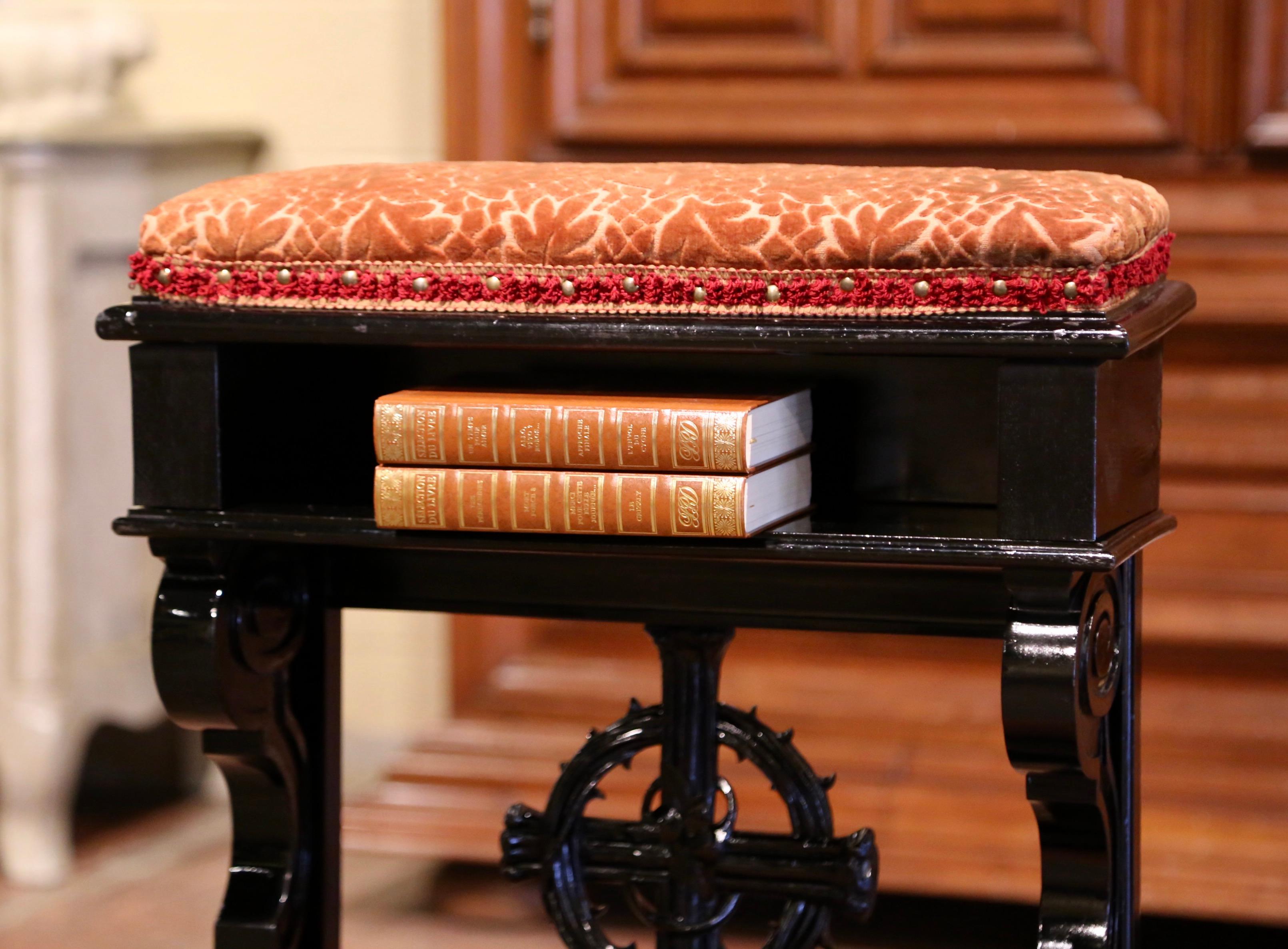 19th Century French Carved Mahogany and Velvet Prayer Chair with Crown of Thorns 3