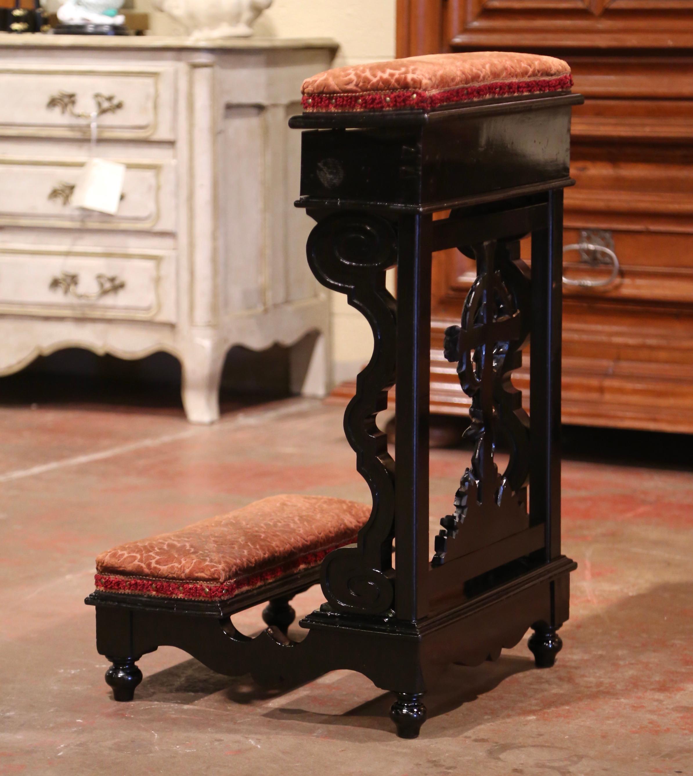 19th Century French Carved Mahogany and Velvet Prayer Chair with Crown of Thorns 4