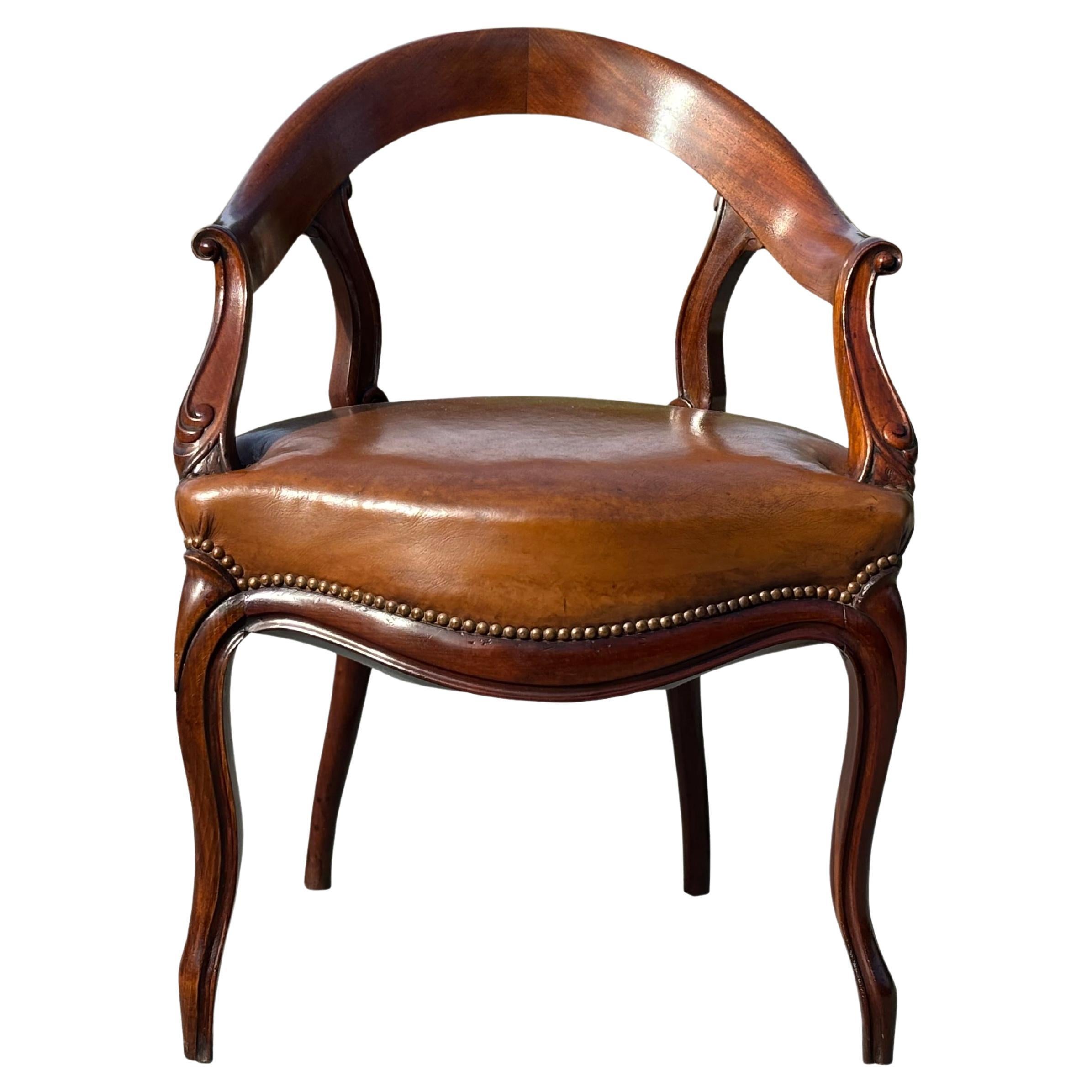 19th Century French Carved Mahogany Leather Chair