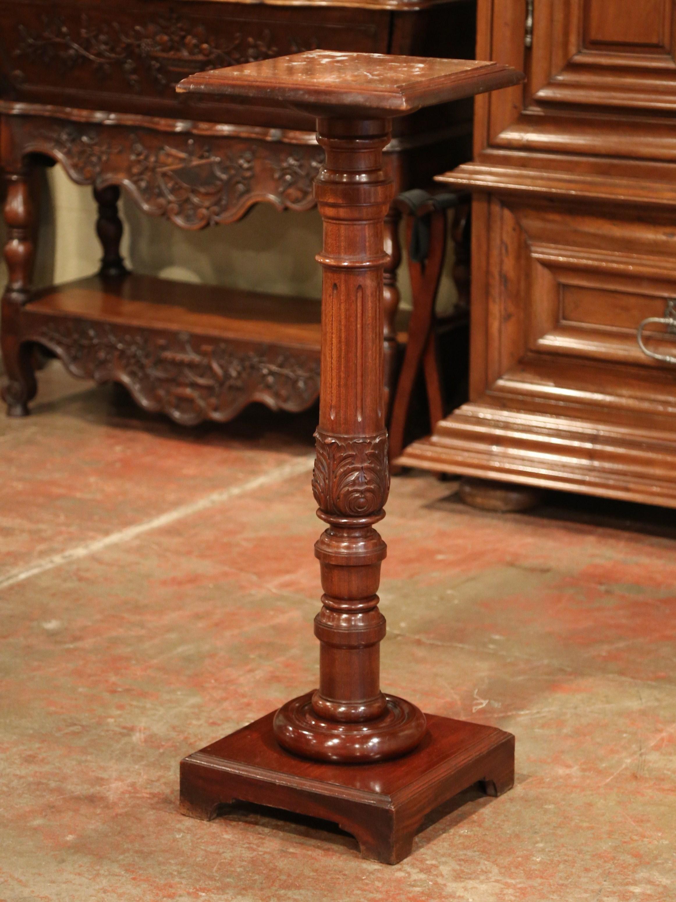Hand-Carved 19th Century French Carved Mahogany Pedestal with Red Marble Top