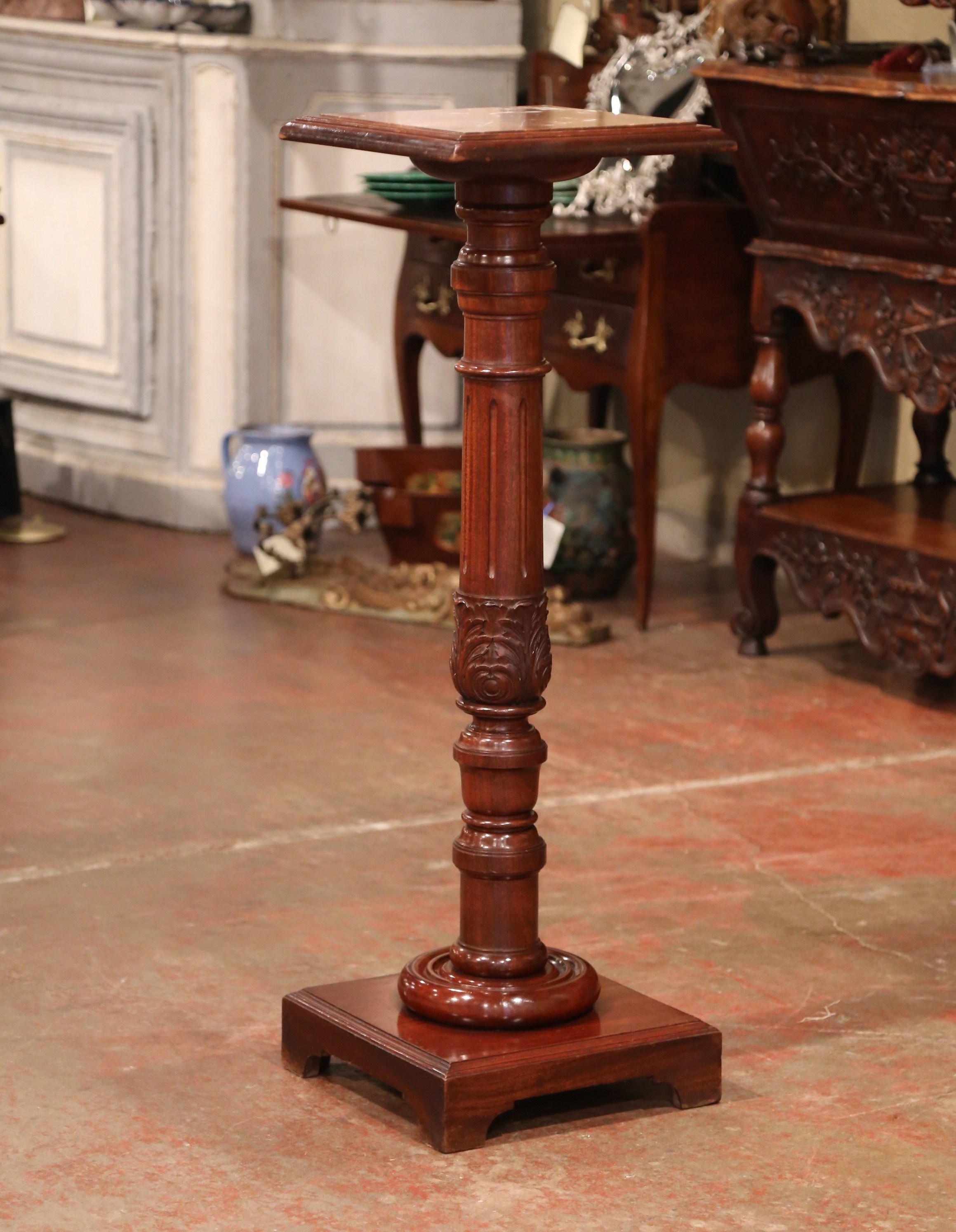 19th Century French Carved Mahogany Pedestal with Red Marble Top 1