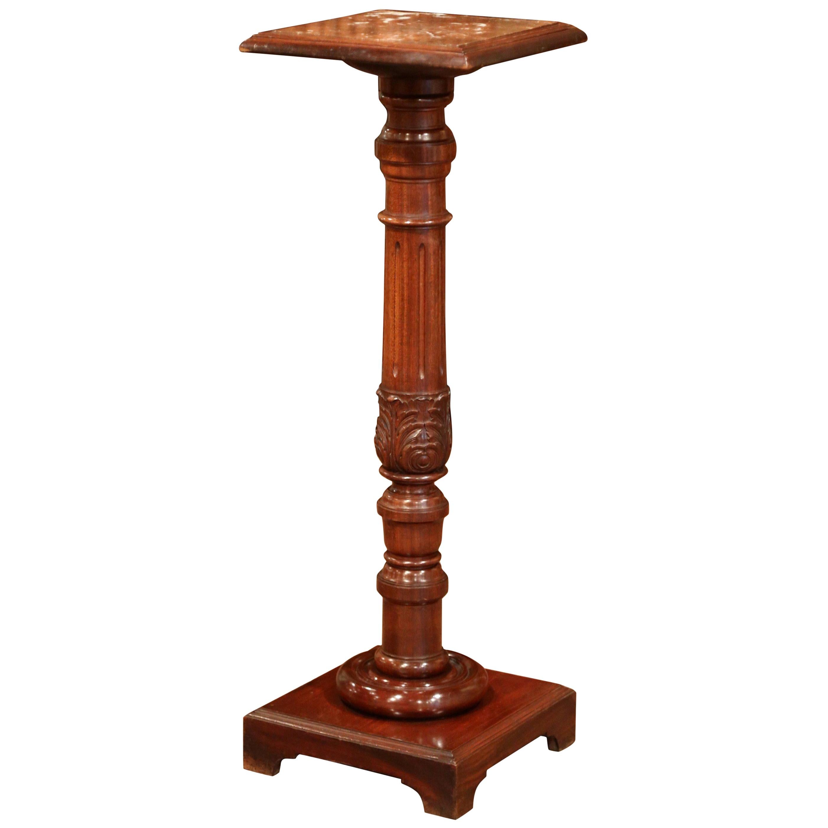 19th Century French Carved Mahogany Pedestal with Red Marble Top