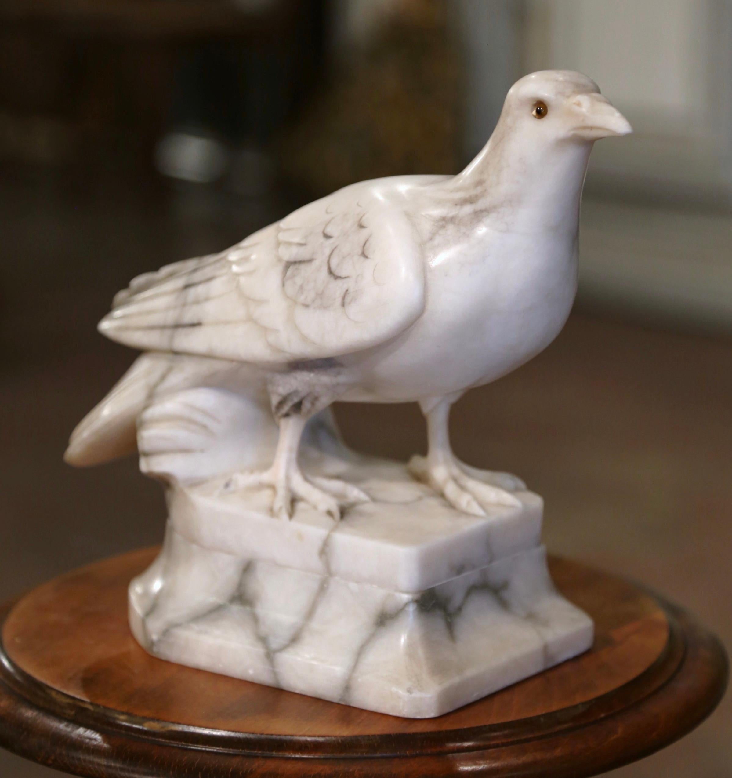 19th Century French Carved Marble Dove Sculpture with Glass Eyes Signed Torrini For Sale 1