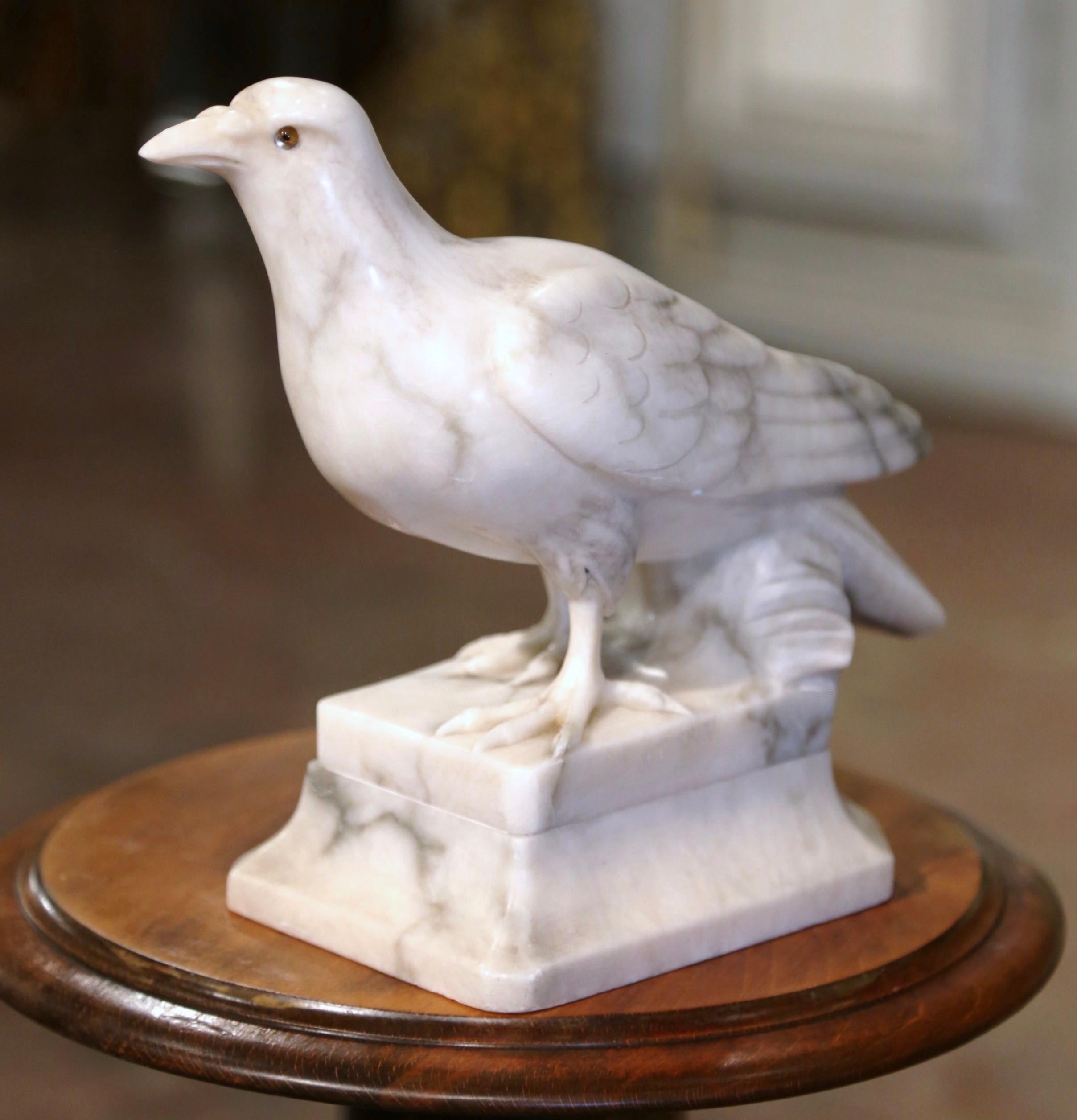 19th Century French Carved Marble Dove Sculpture with Glass Eyes Signed Torrini For Sale 3