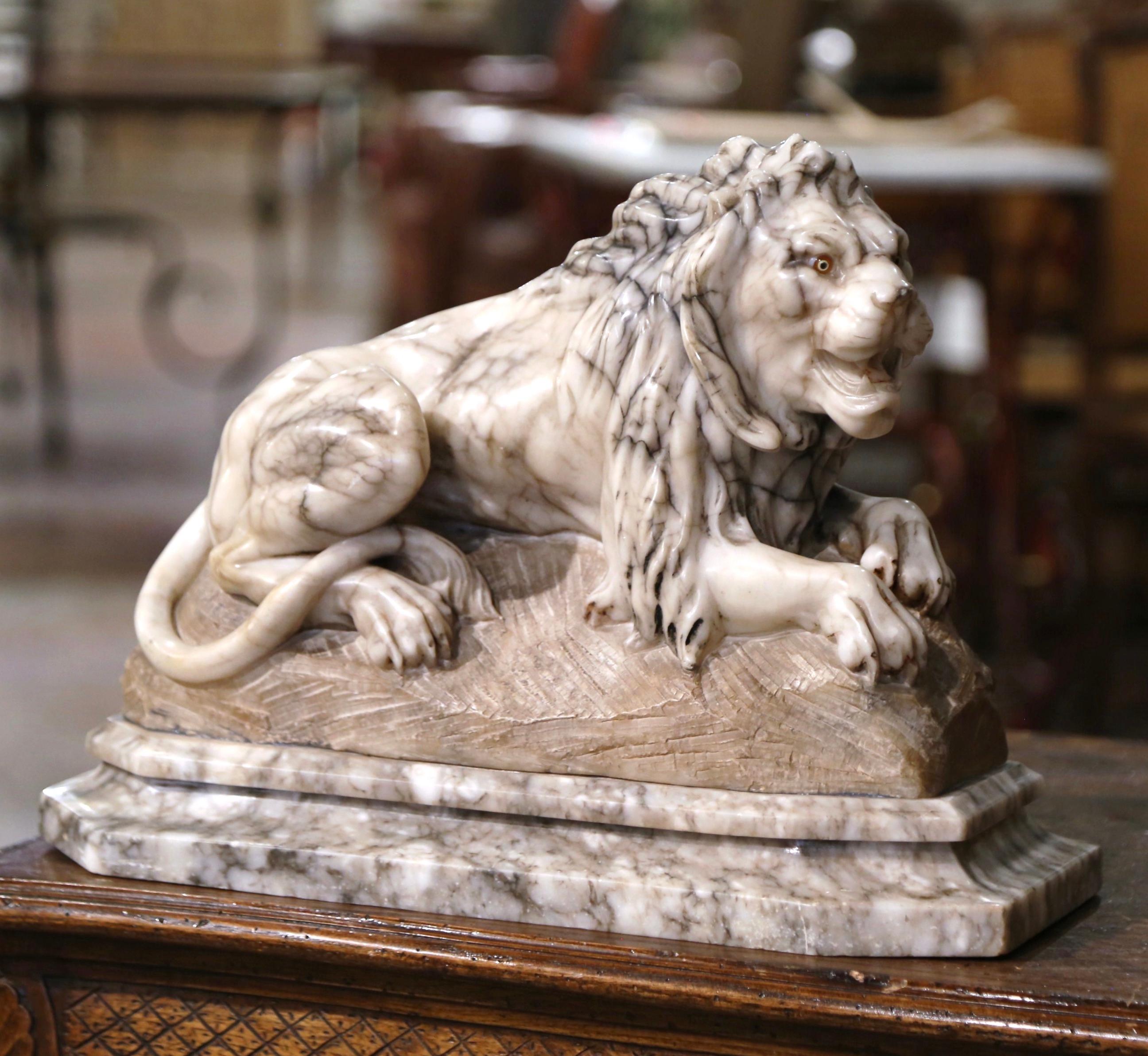 Decorate a shelf or a man's office desk with this stately antique marble lion sculpture. Created in Italy circa 1890, and hand carved of variegated marble, the large figure depicts a proud lion laying on integral rectangular base with its mouth