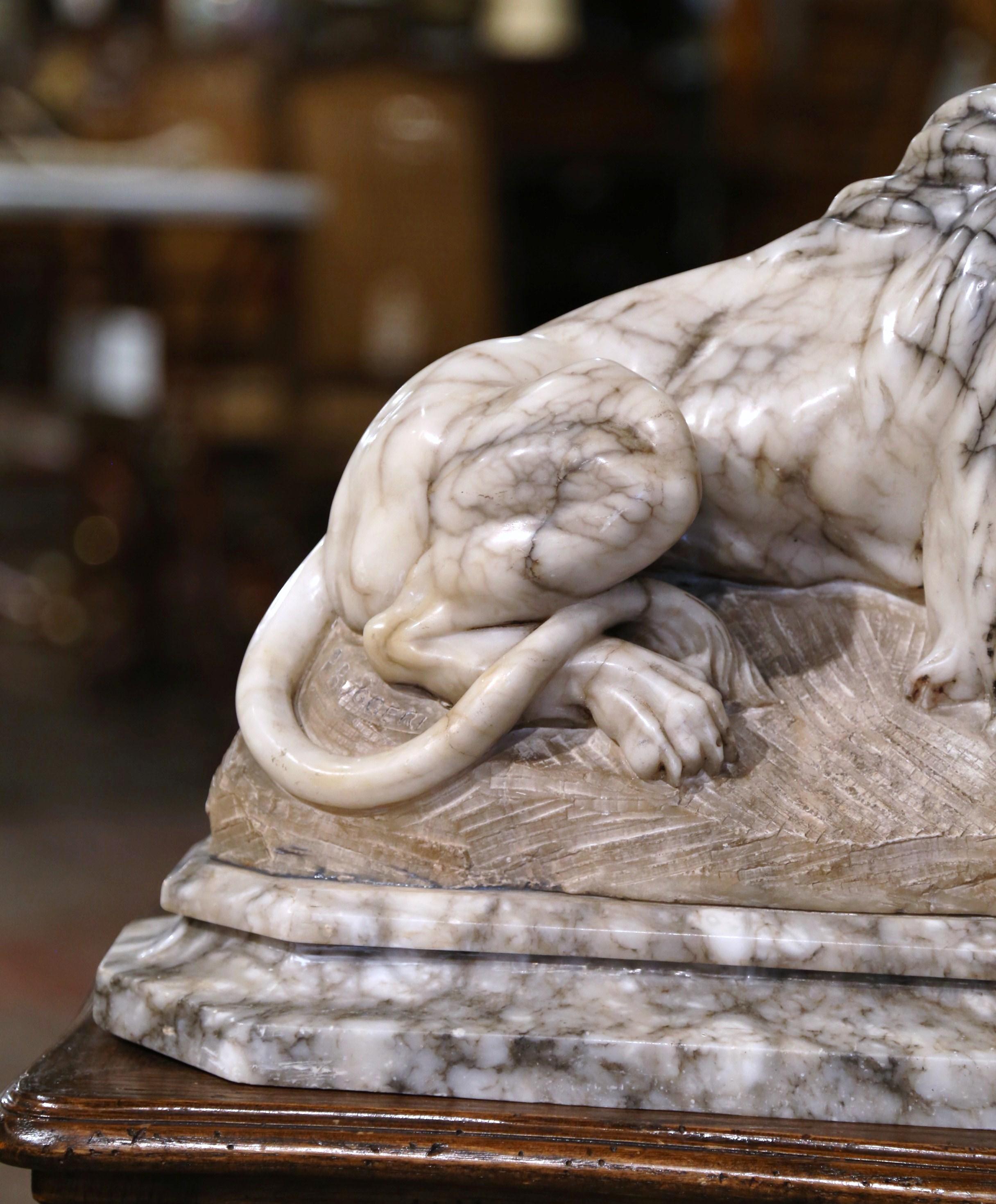 Hand-Carved 19th Century French Carved Marble Lion Sculpture Signed P. Ruggeri For Sale