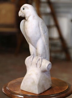 19th Century French Carved Marble Parrot Sculpture with Glass Eyes