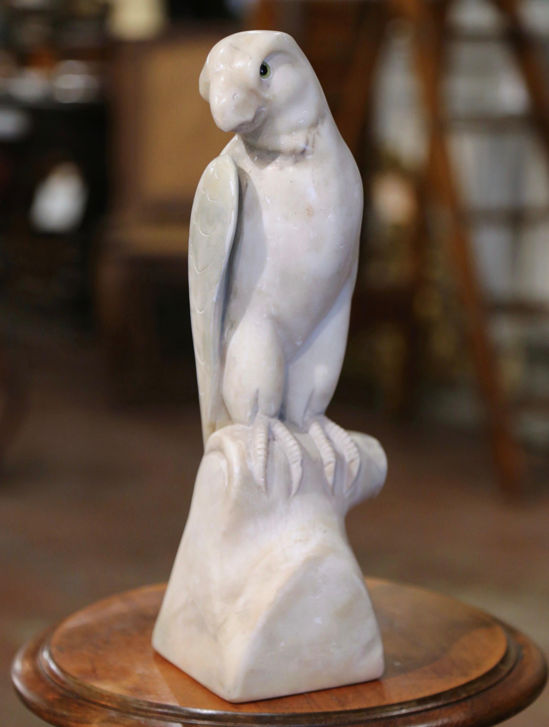 19th Century French Carved Marble Parrot Sculpture with Glass Eyes In Excellent Condition For Sale In Dallas, TX