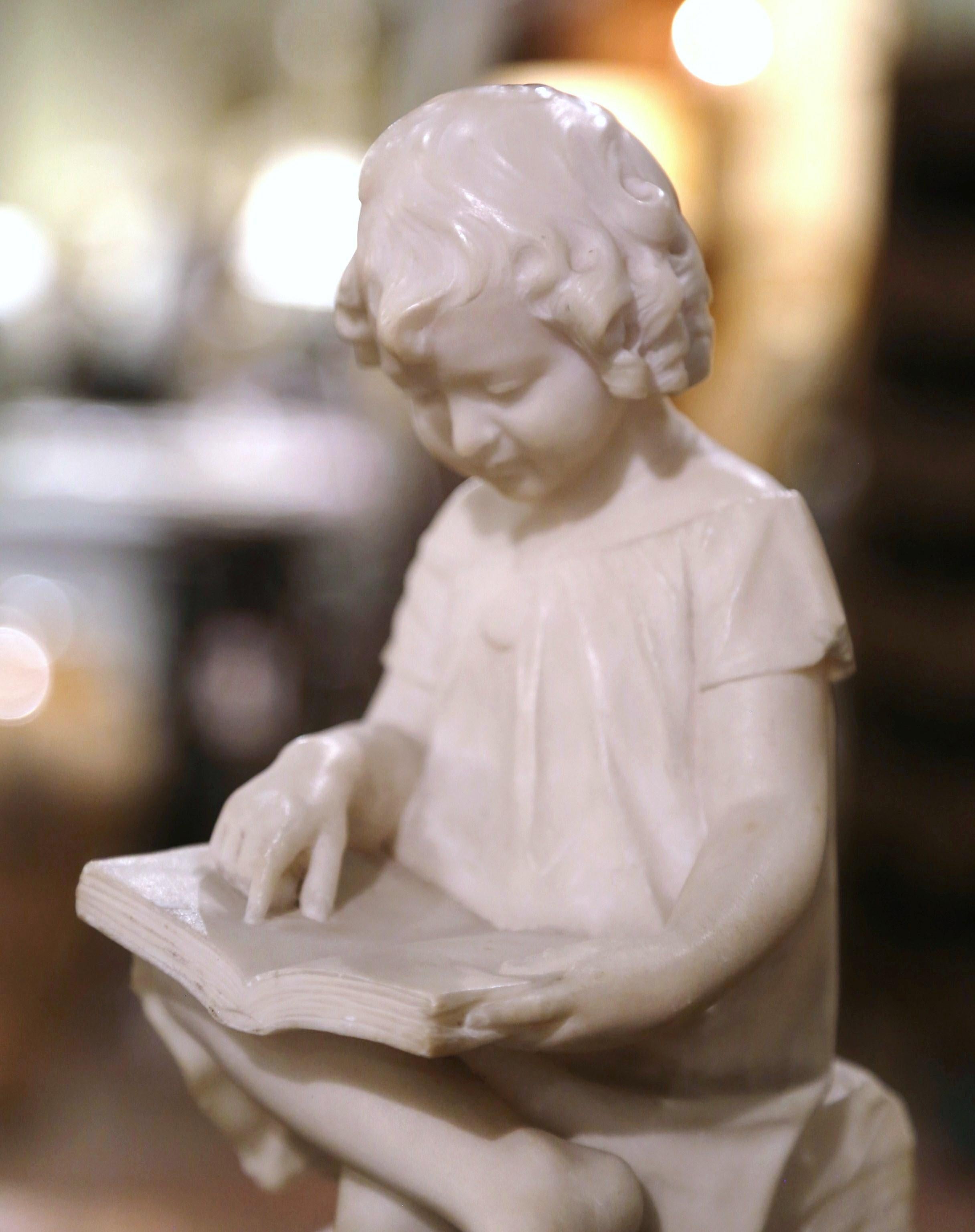 Hand-Carved 19th Century French Carved Marble Statue of Young Girl Seated and Reading For Sale
