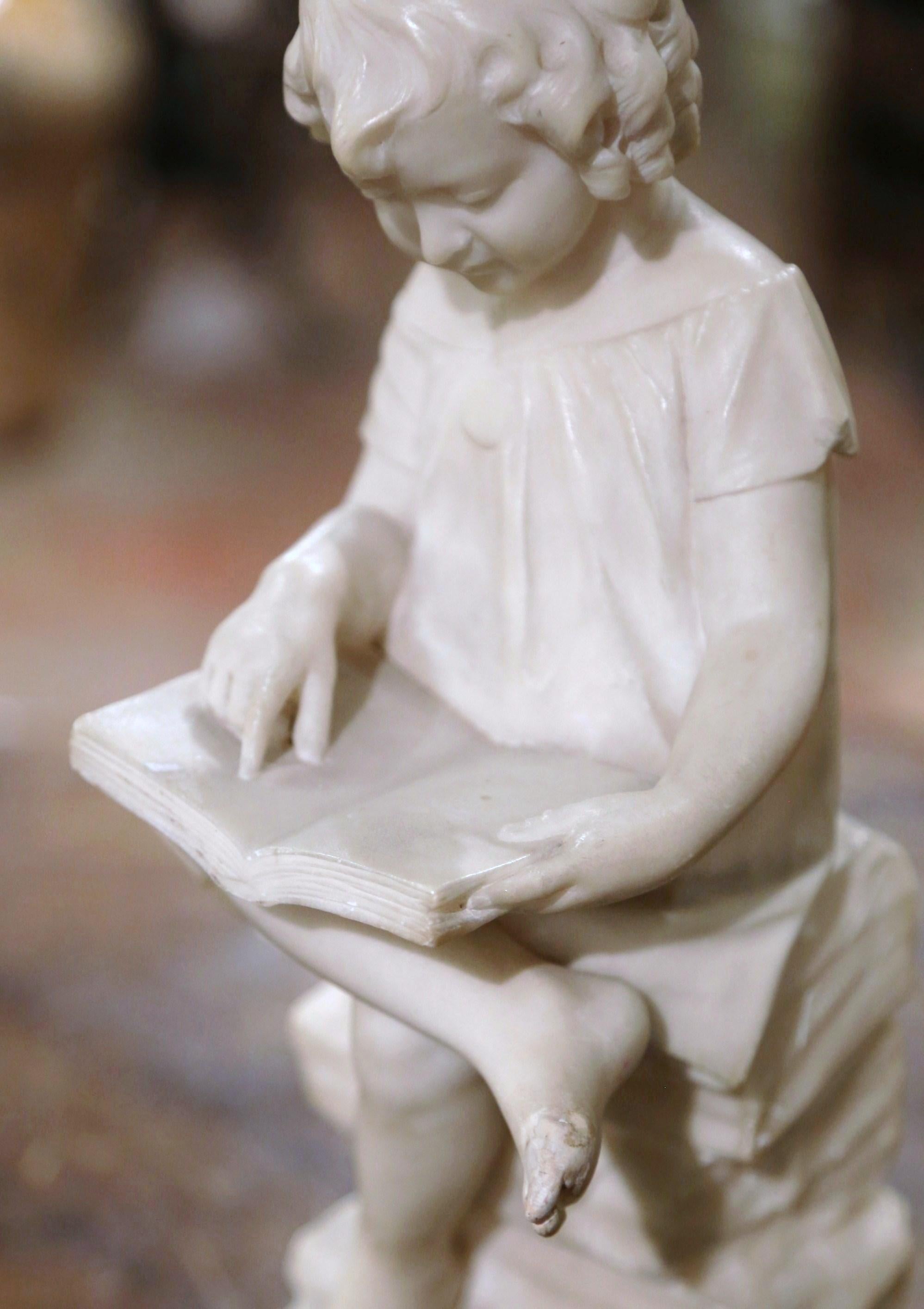 19th Century French Carved Marble Statue of Young Girl Seated and Reading In Excellent Condition For Sale In Dallas, TX
