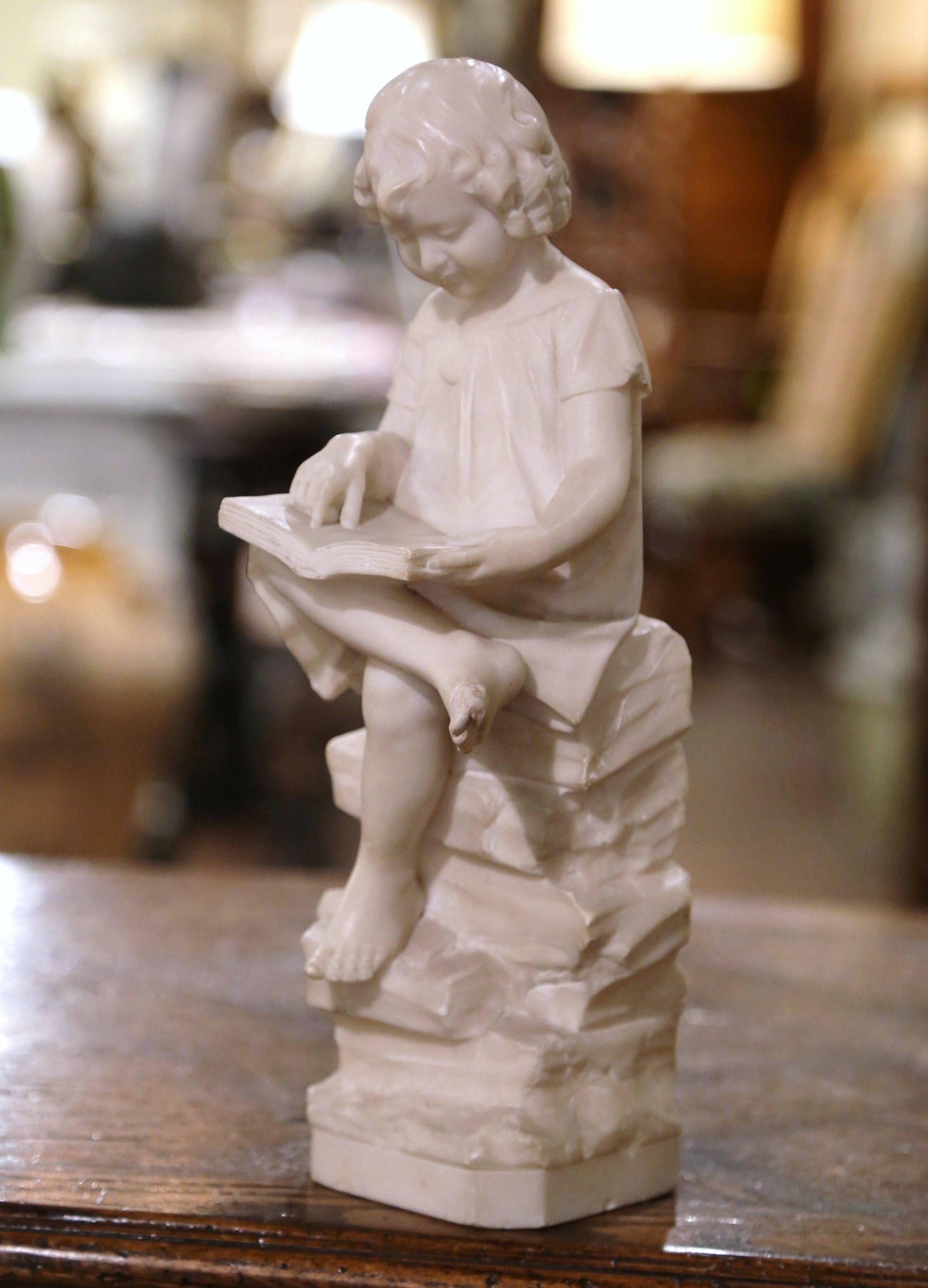 19th Century French Carved Marble Statue of Young Girl Seated and Reading For Sale 1