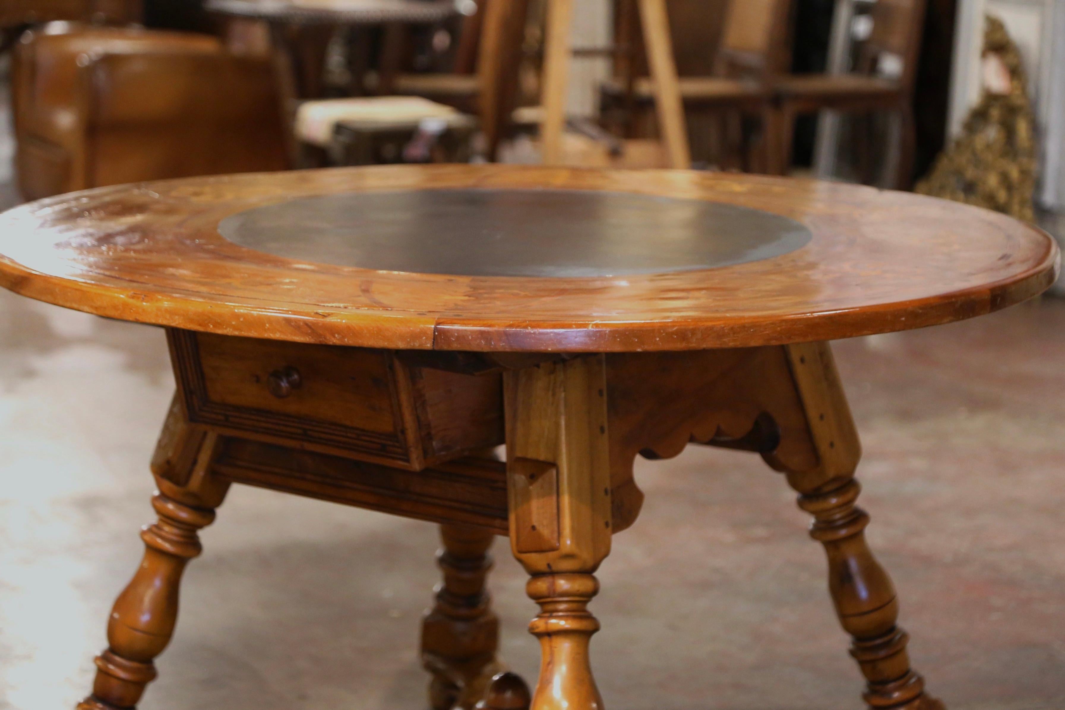 Louis XIII 19th Century French Carved Marquetry Inlaid Walnut and Slate Round Dining Table  For Sale