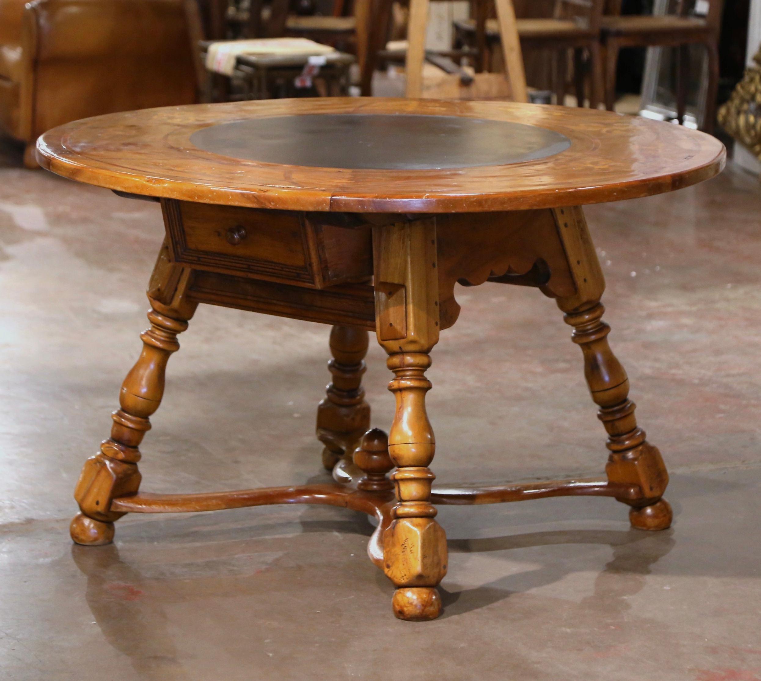19th Century French Carved Marquetry Inlaid Walnut and Slate Round Dining Table  In Excellent Condition For Sale In Dallas, TX