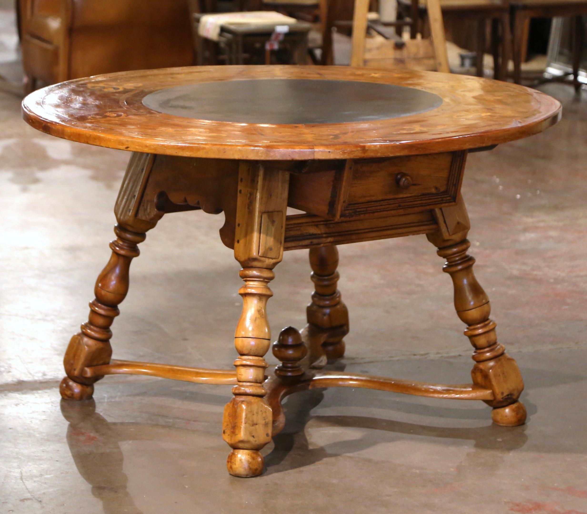 19th Century French Carved Marquetry Inlaid Walnut and Slate Round Dining Table  For Sale 1