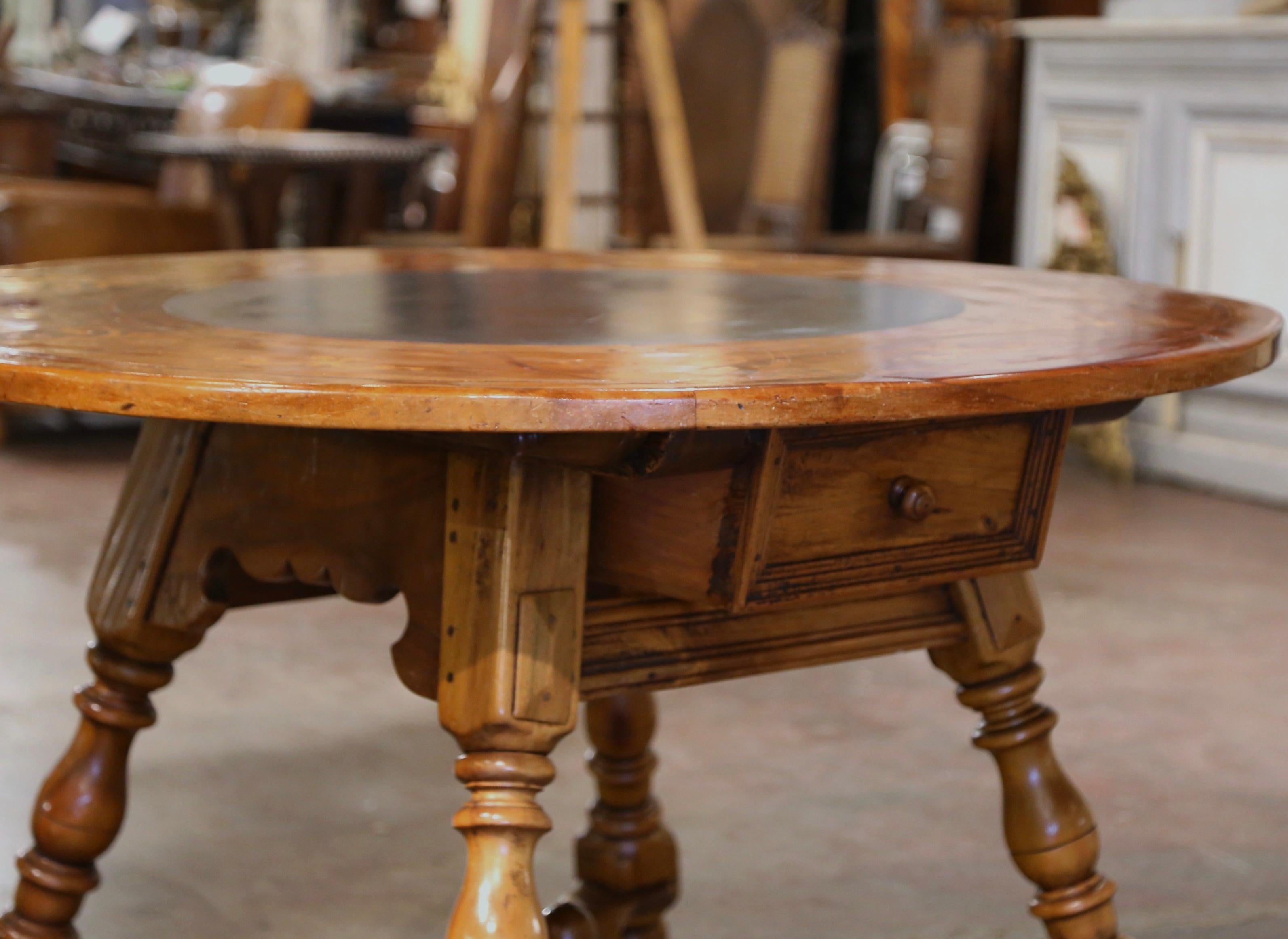 19th Century French Carved Marquetry Inlaid Walnut and Slate Round Dining Table  For Sale 2