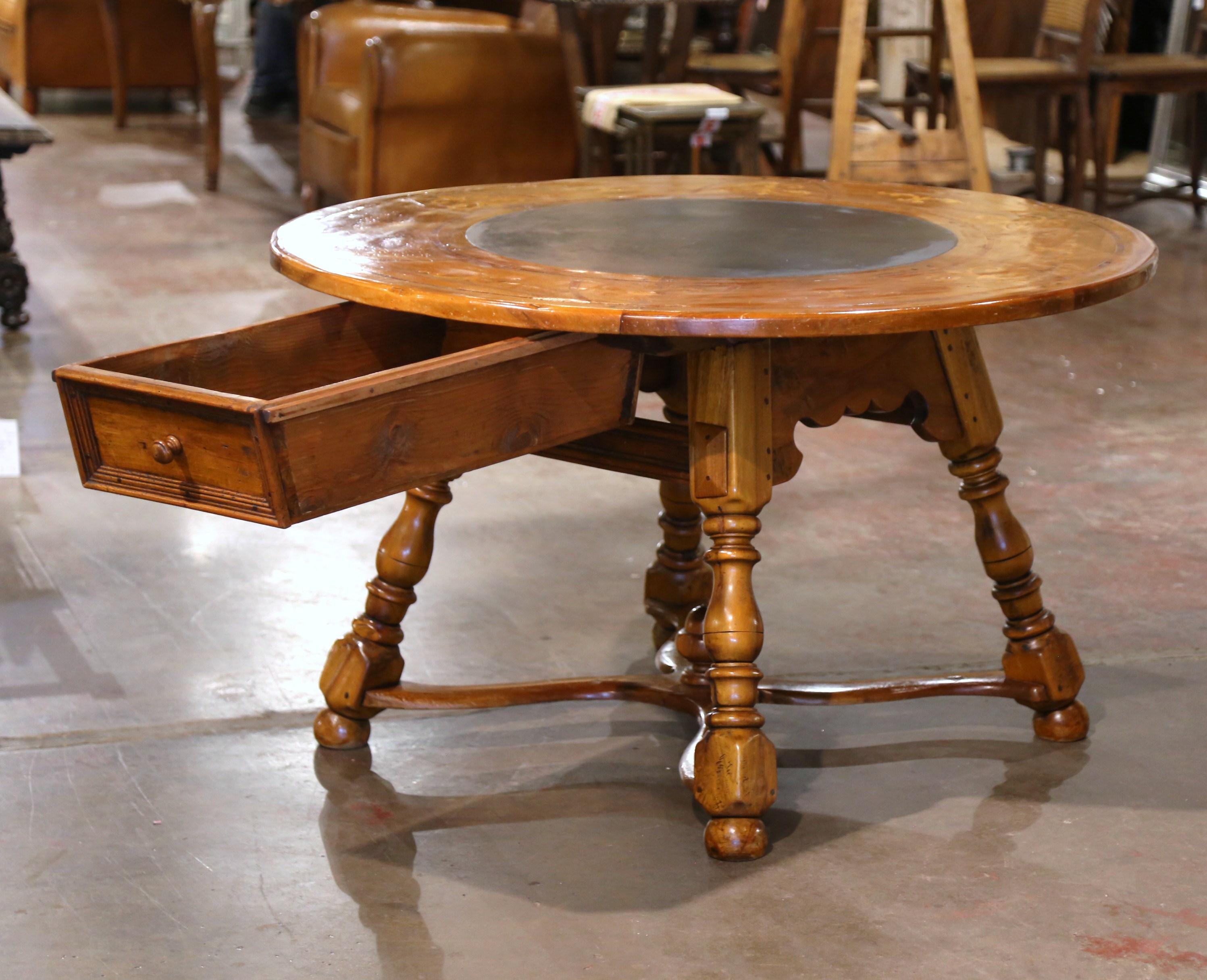 19th Century French Carved Marquetry Inlaid Walnut and Slate Round Dining Table  For Sale 3
