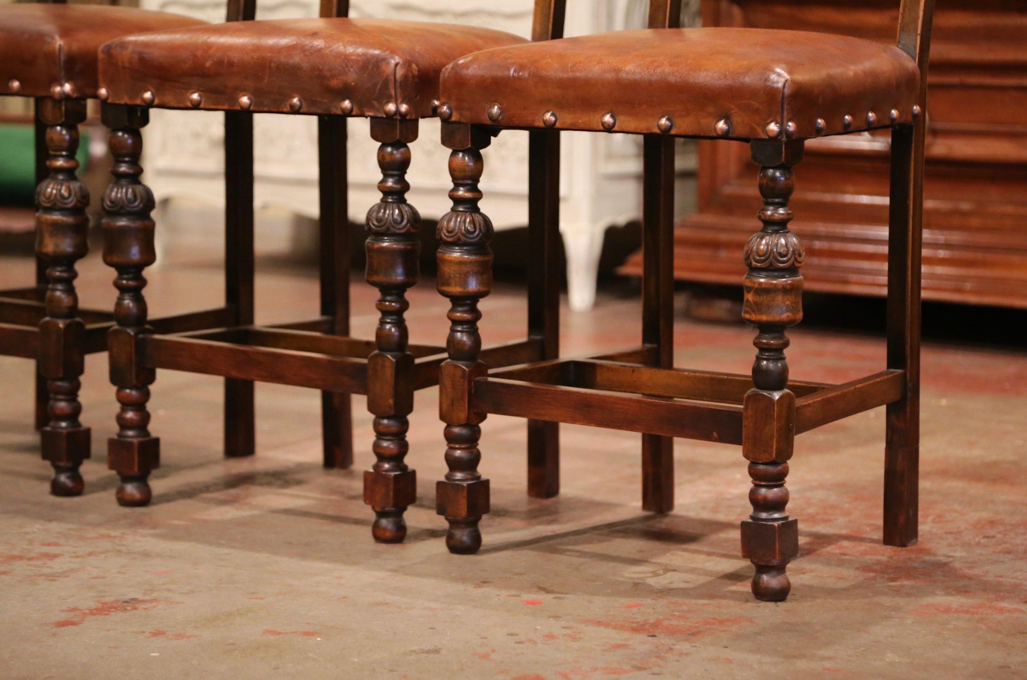 Hand-Carved 19th Century French Carved Oak and Brown Leather Bar Stools, Set of Three