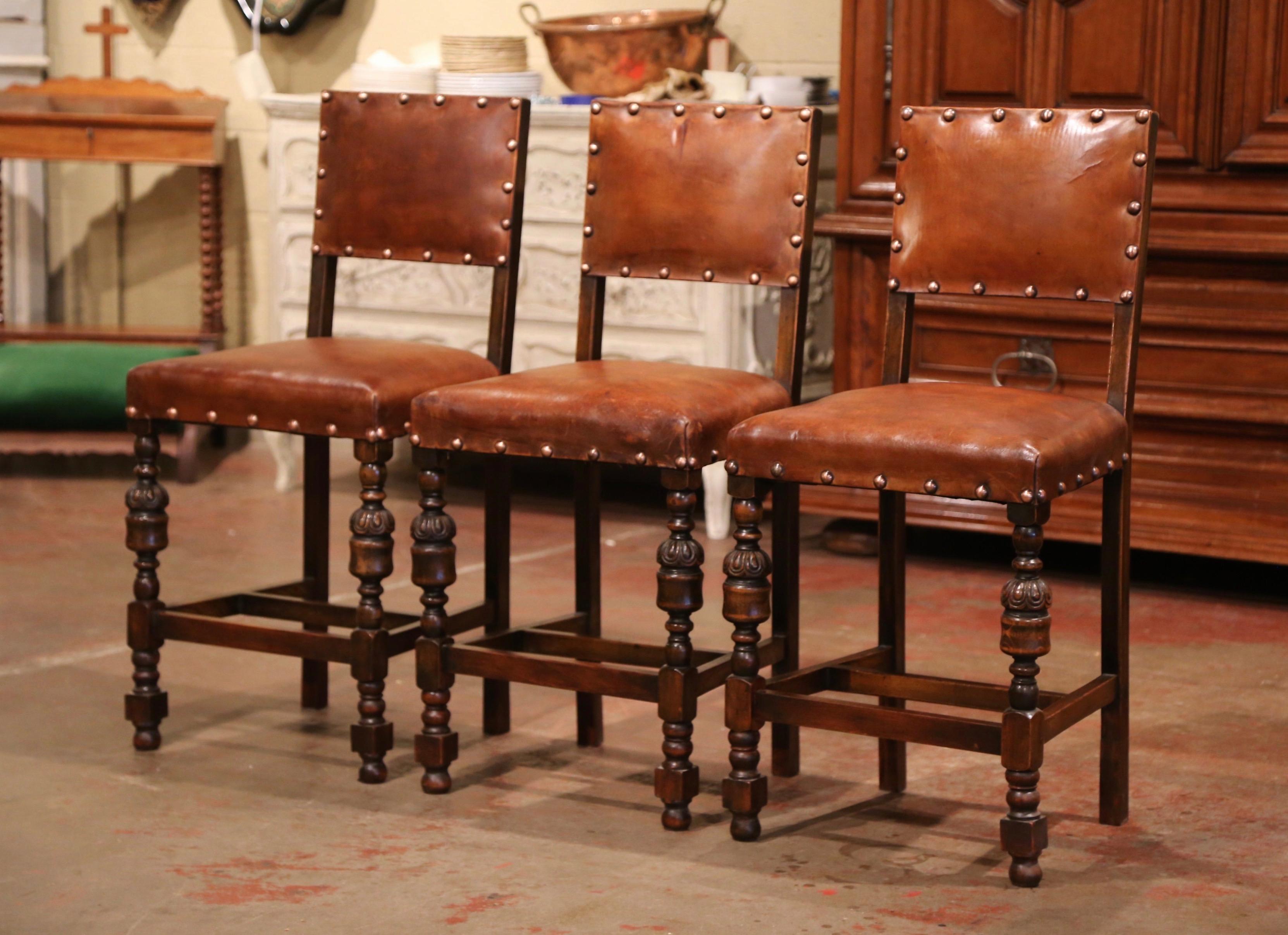 19th Century French Carved Oak and Brown Leather Bar Stools, Set of Three In Excellent Condition In Dallas, TX