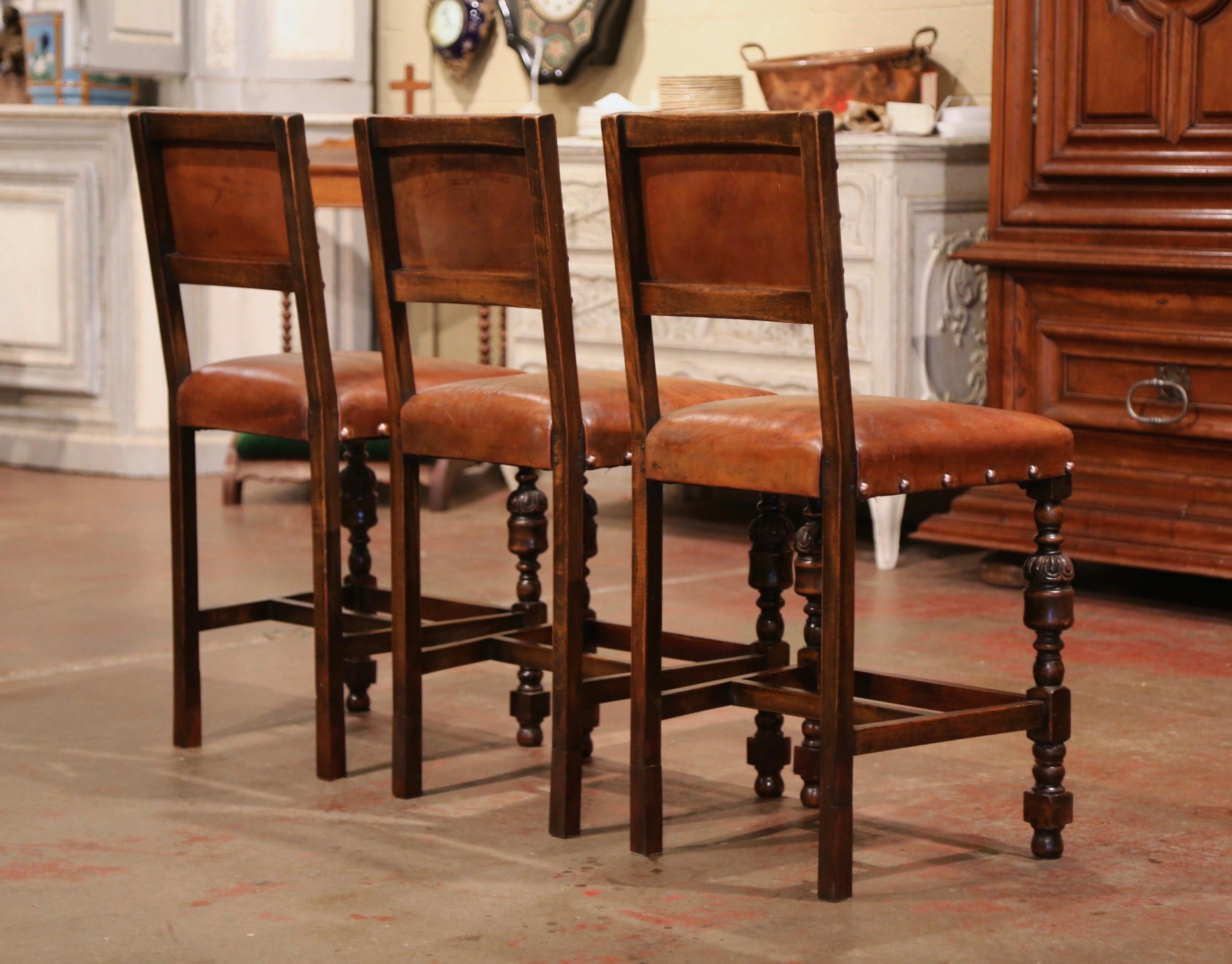 Copper 19th Century French Carved Oak and Brown Leather Bar Stools, Set of Three