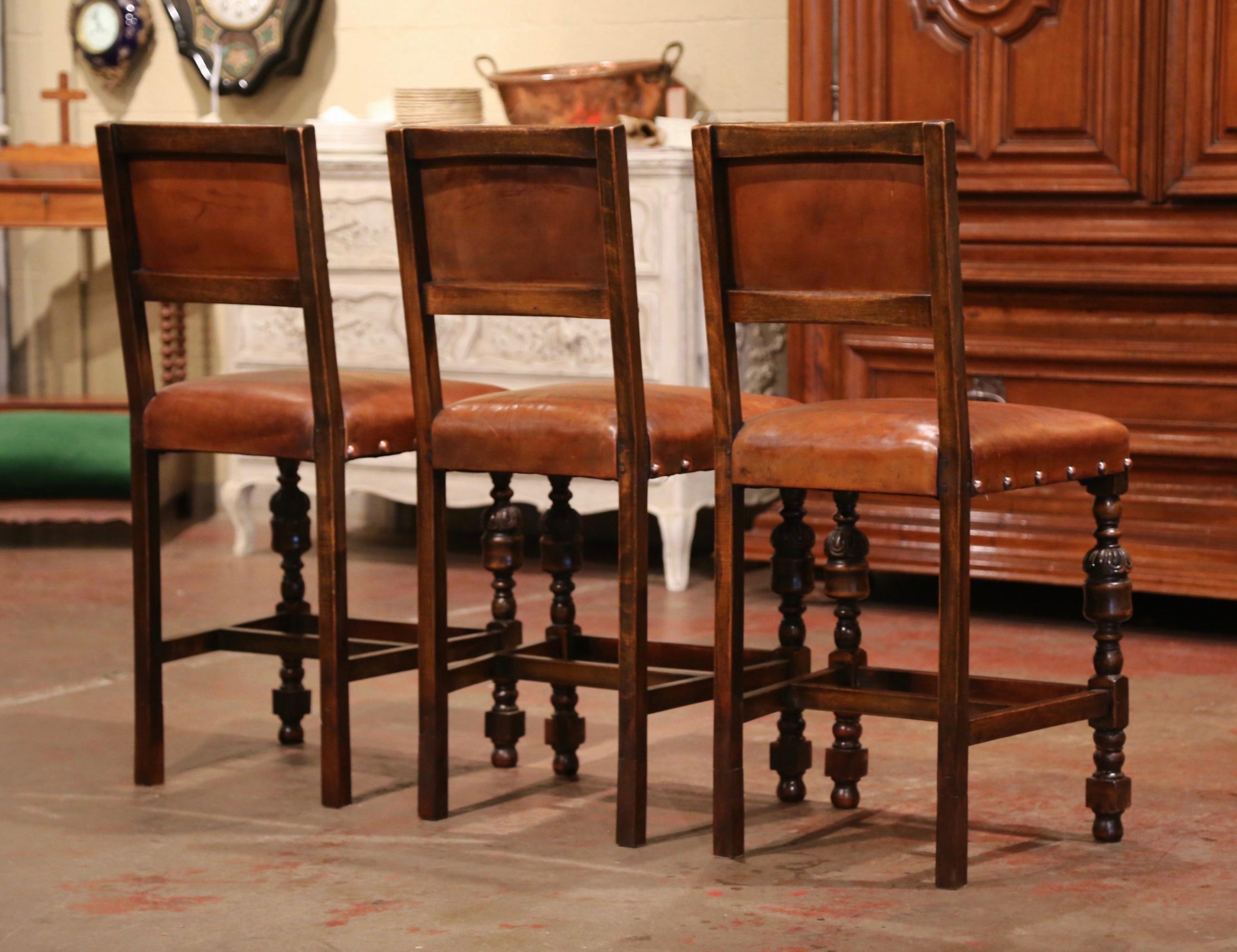 19th Century French Carved Oak and Brown Leather Bar Stools, Set of Three 1