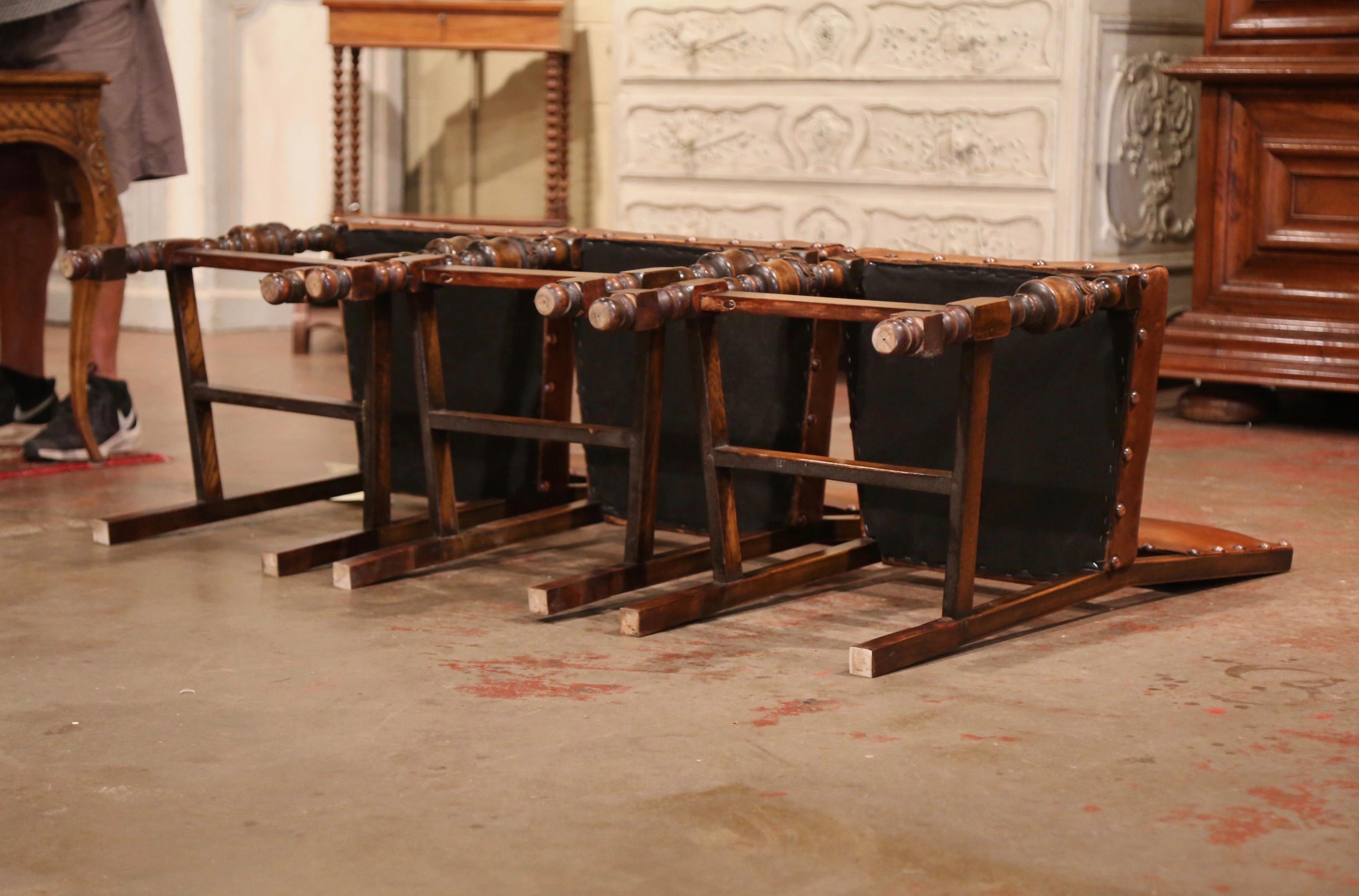 19th Century French Carved Oak and Brown Leather Bar Stools, Set of Three 2