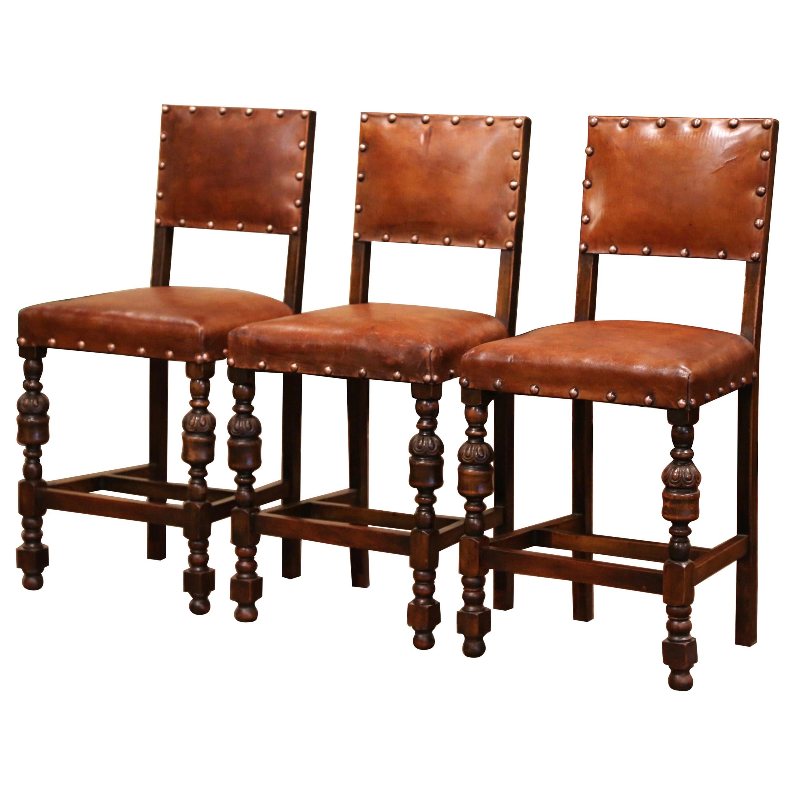 19th Century French Carved Oak and Brown Leather Bar Stools, Set of Three