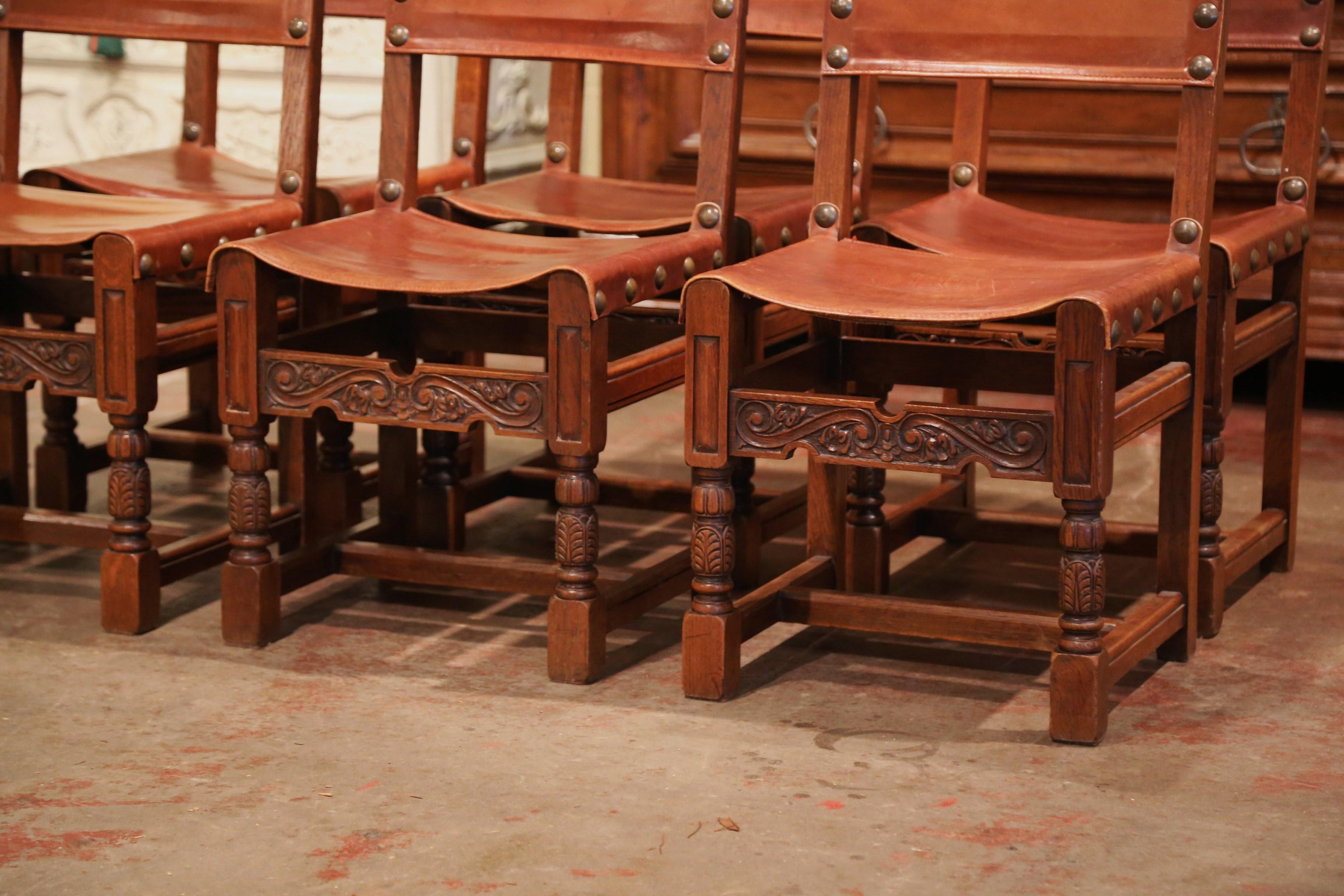 Hand-Carved 19th Century French Carved Oak and Leather Upholstered Chairs, Set of Six