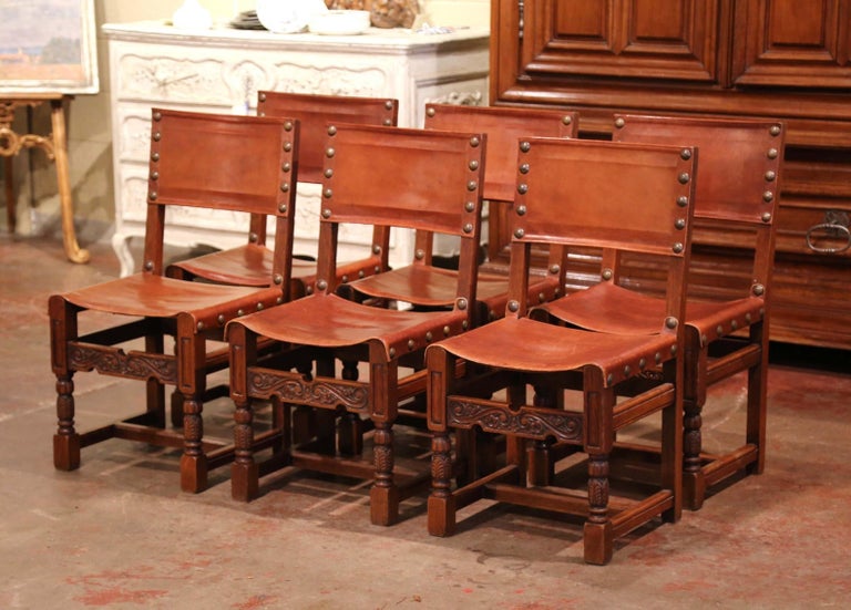 19th Century French Carved Oak and Leather Upholstered Chairs, Set of ...