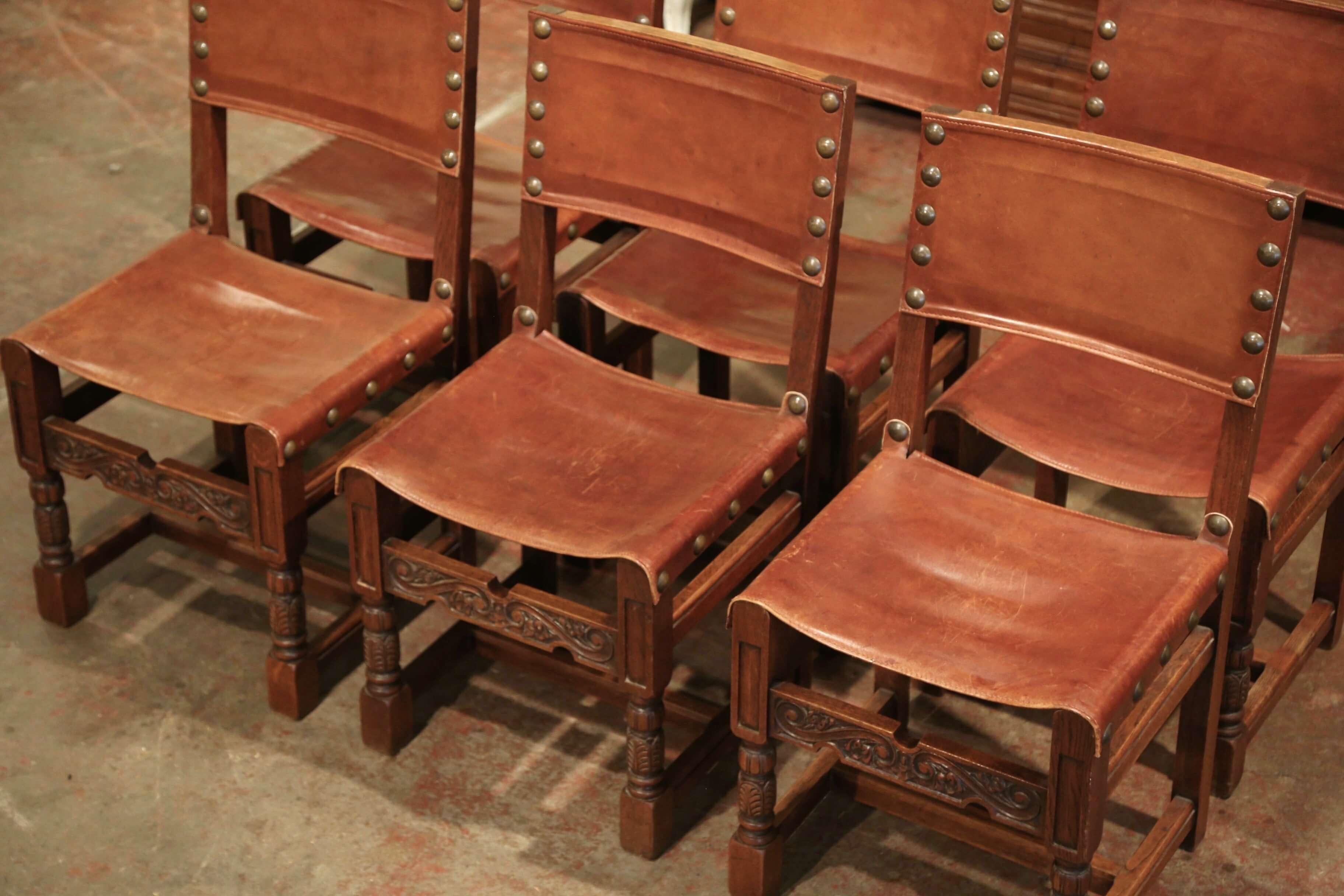 19th Century French Carved Oak and Leather Upholstered Chairs, Set of Six In Good Condition In Dallas, TX