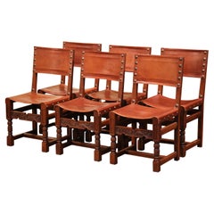 19th Century French Carved Oak and Leather Upholstered Chairs, Set of Six