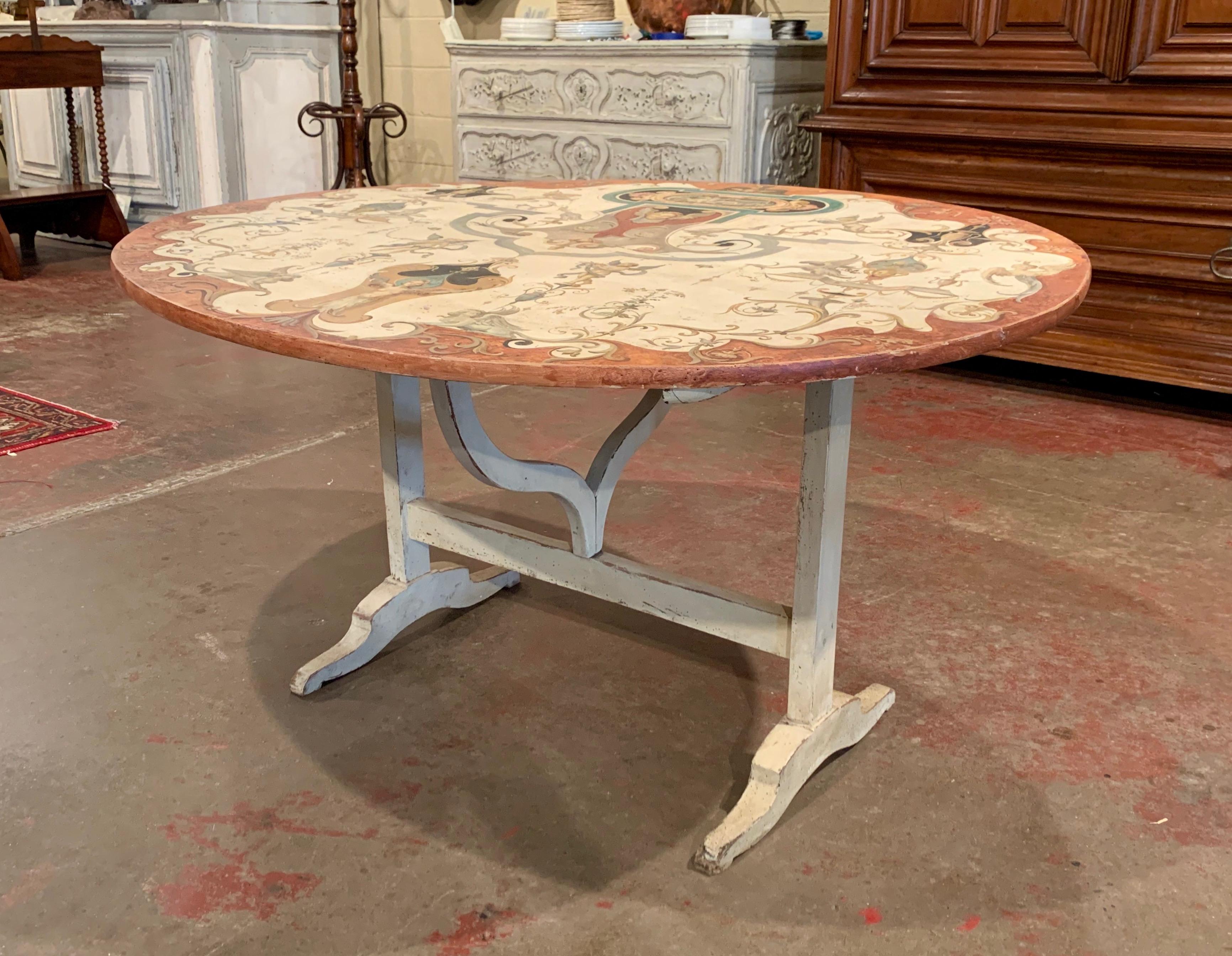 Hand-Painted 19th Century French Carved Oak and Painted Tilt-Top Wine Tasting Table