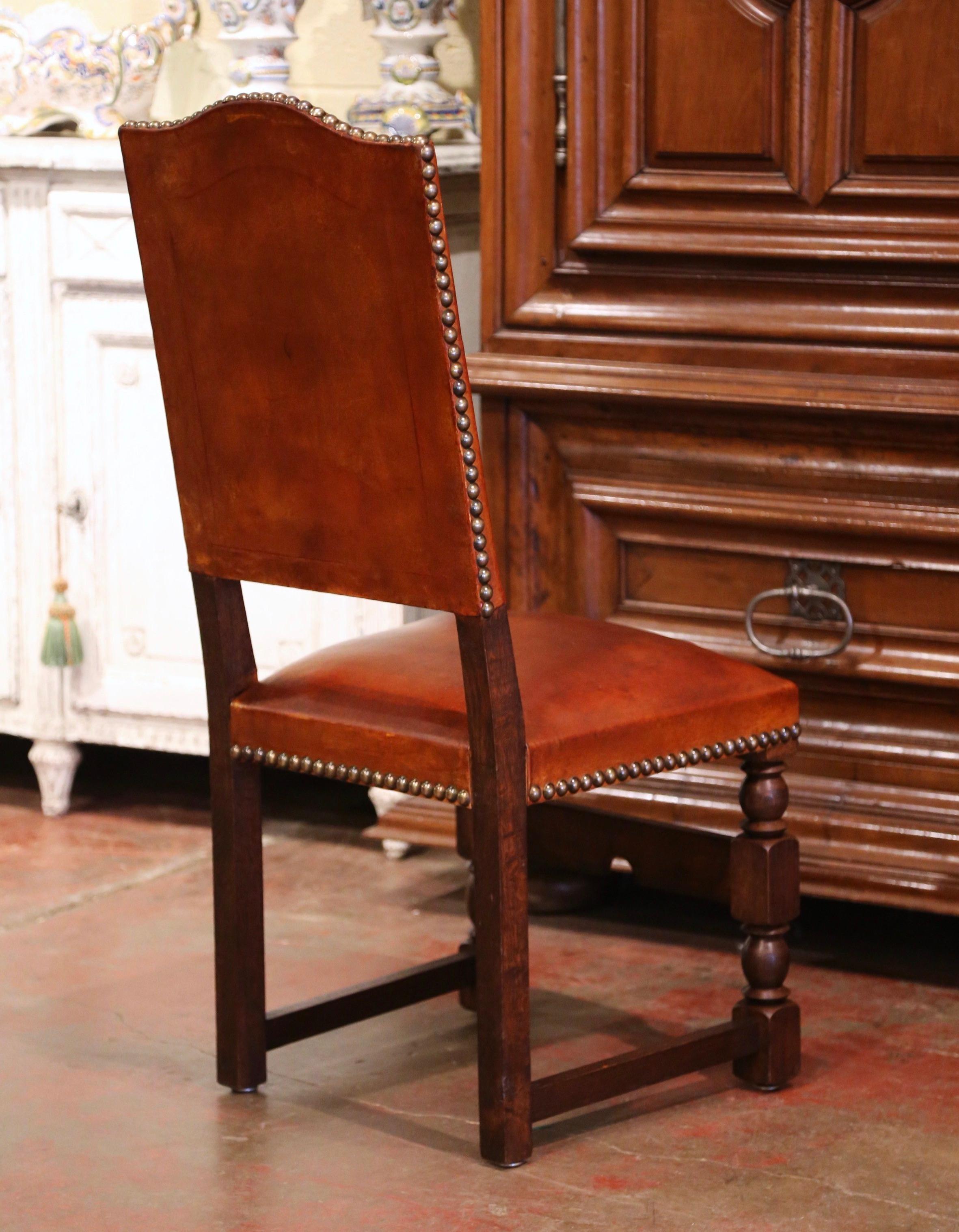19th Century French Carved Oak and Tan Leather Dining Chairs- Set of Six 8