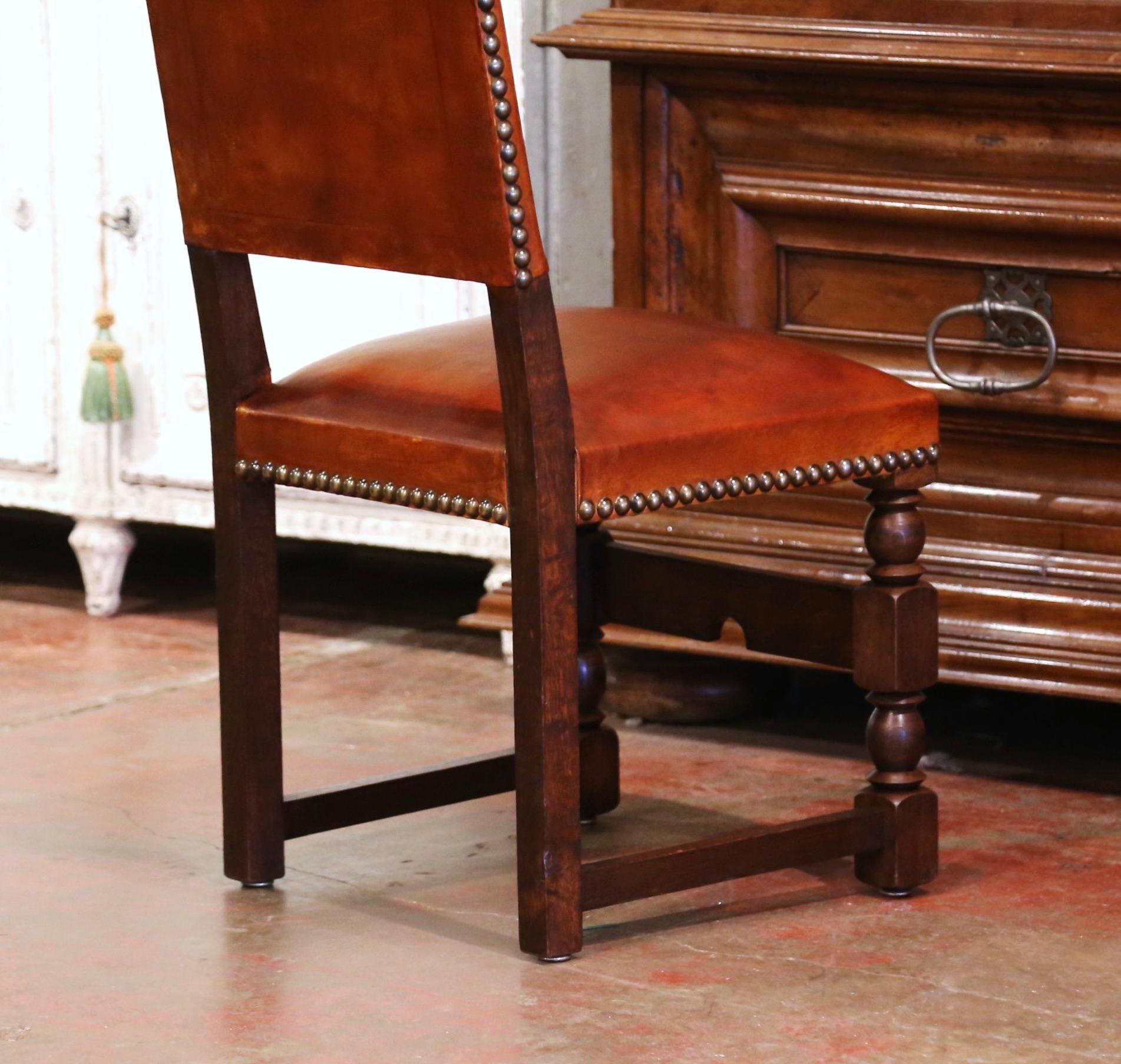 19th Century French Carved Oak and Tan Leather Dining Chairs- Set of Six 9