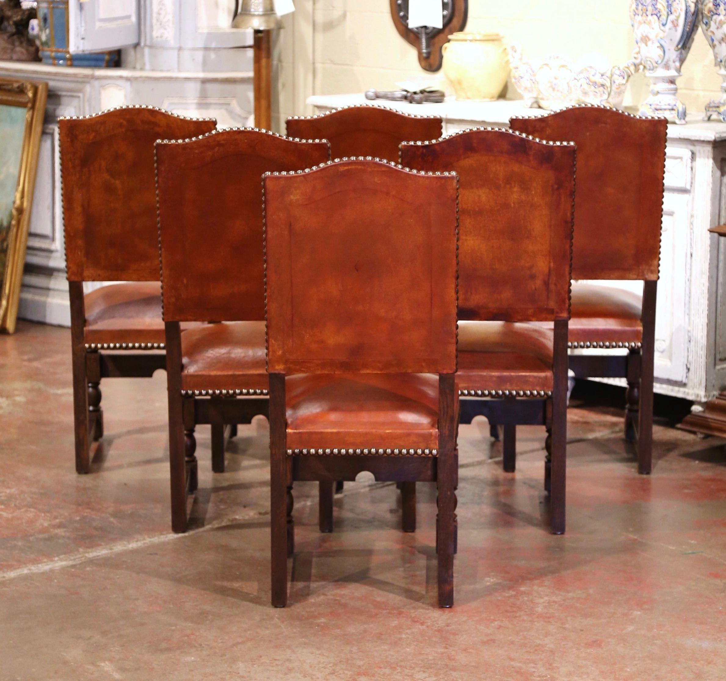 Louis XIII 19th Century French Carved Oak and Tan Leather Dining Chairs- Set of Six