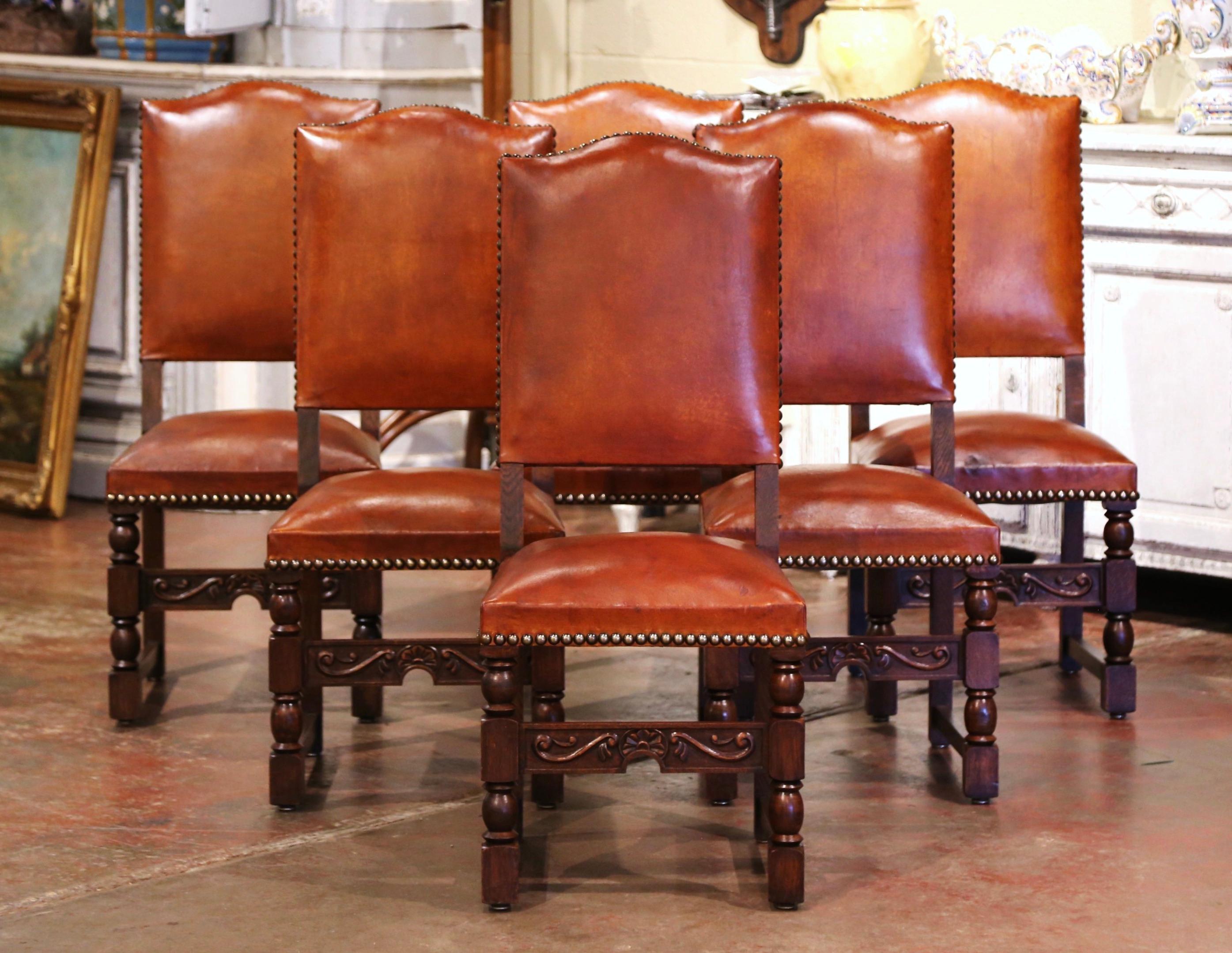 Hand-Carved 19th Century French Carved Oak and Tan Leather Dining Chairs- Set of Six
