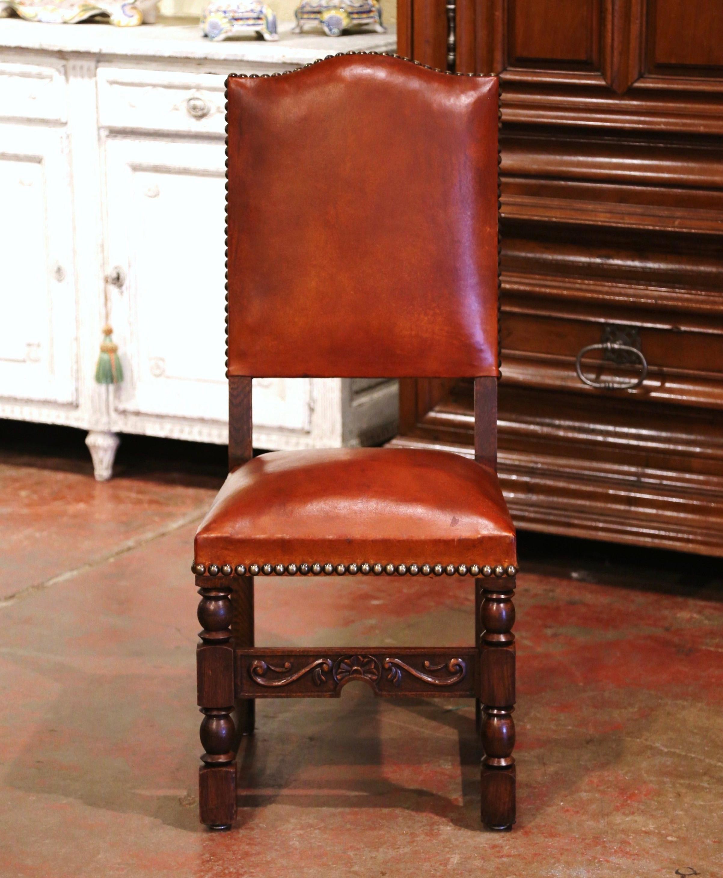 19th Century French Carved Oak and Tan Leather Dining Chairs- Set of Six In Excellent Condition In Dallas, TX