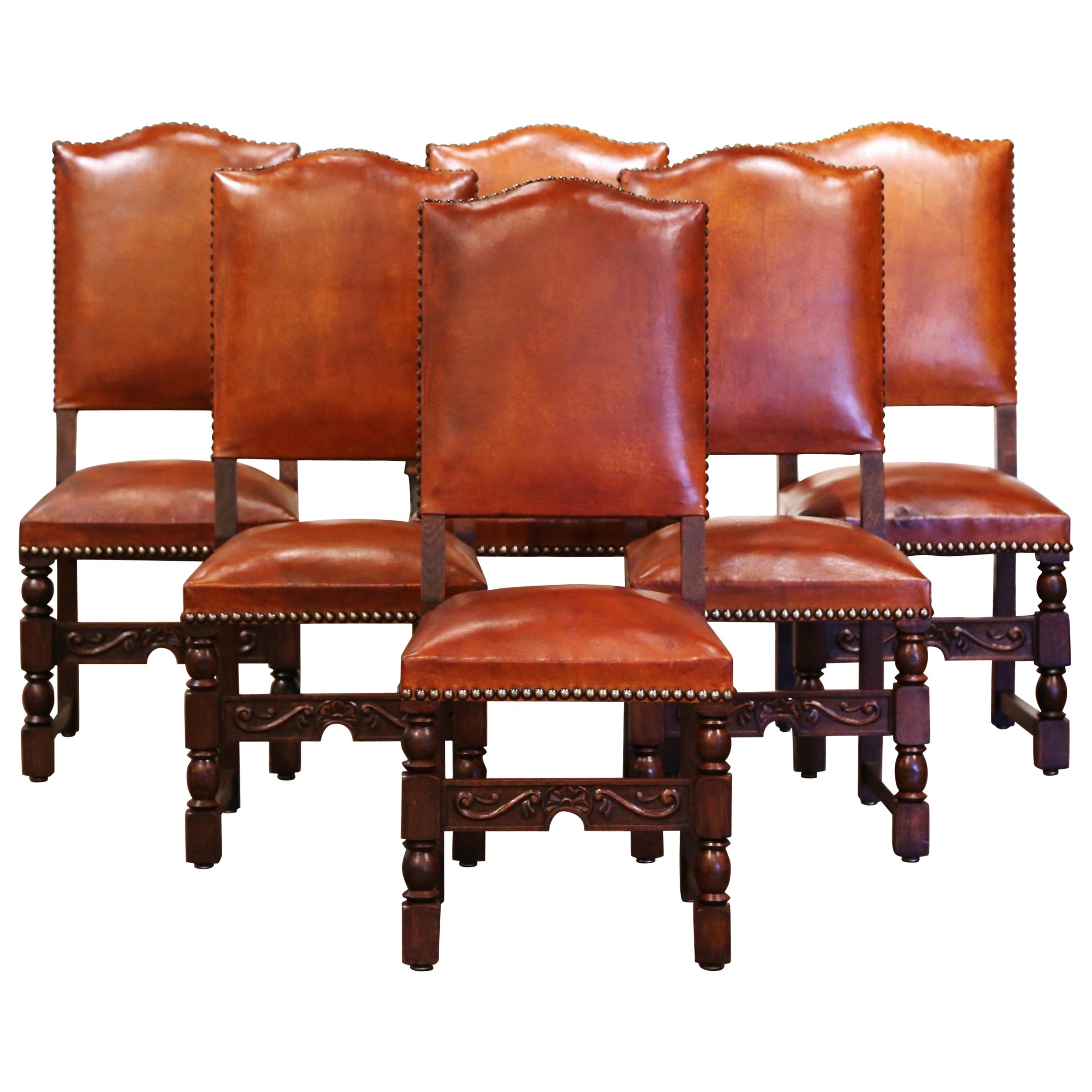 19th Century French Carved Oak and Tan Leather Dining Chairs- Set of Six