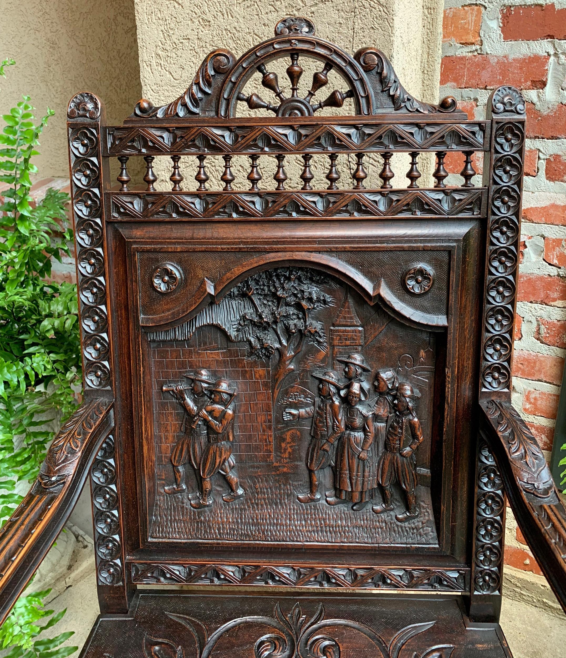Hand-Carved 19th century French Carved Oak Arm Fireside Throne Chair Breton Brittany