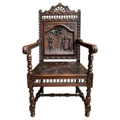 chaise trône à bras en chêne sculpté du 19ème siècle Breton Bretagne