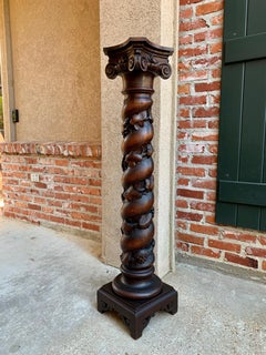 19th century French Carved Oak Barley Twist Column Pedestal Plant Bronze Stand