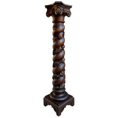 19th century French Carved Oak Barley Twist Column Pedestal Plant Bronze Stand