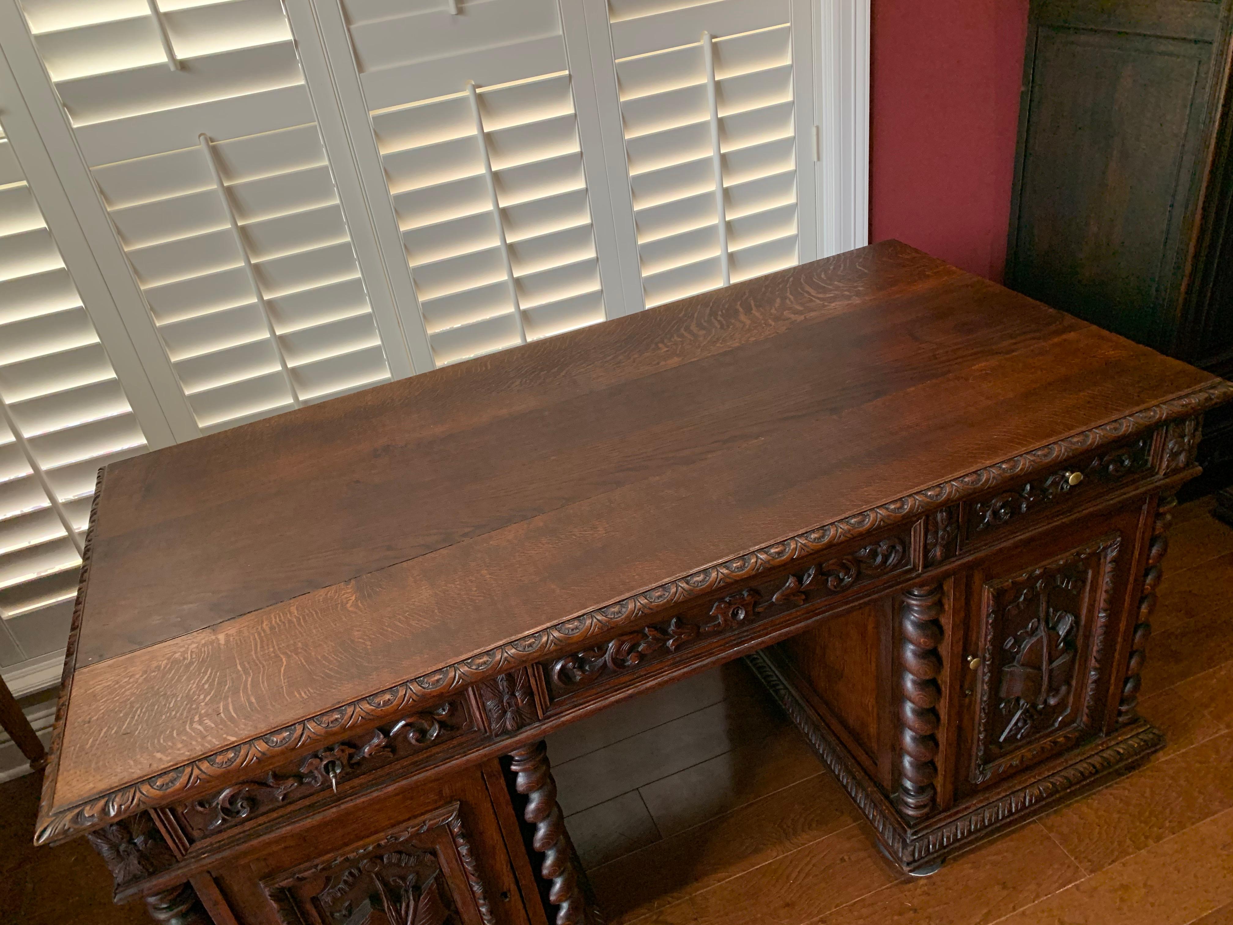 19th Century French Carved Oak Barley Twist Partners Office Desk Renaissance 6