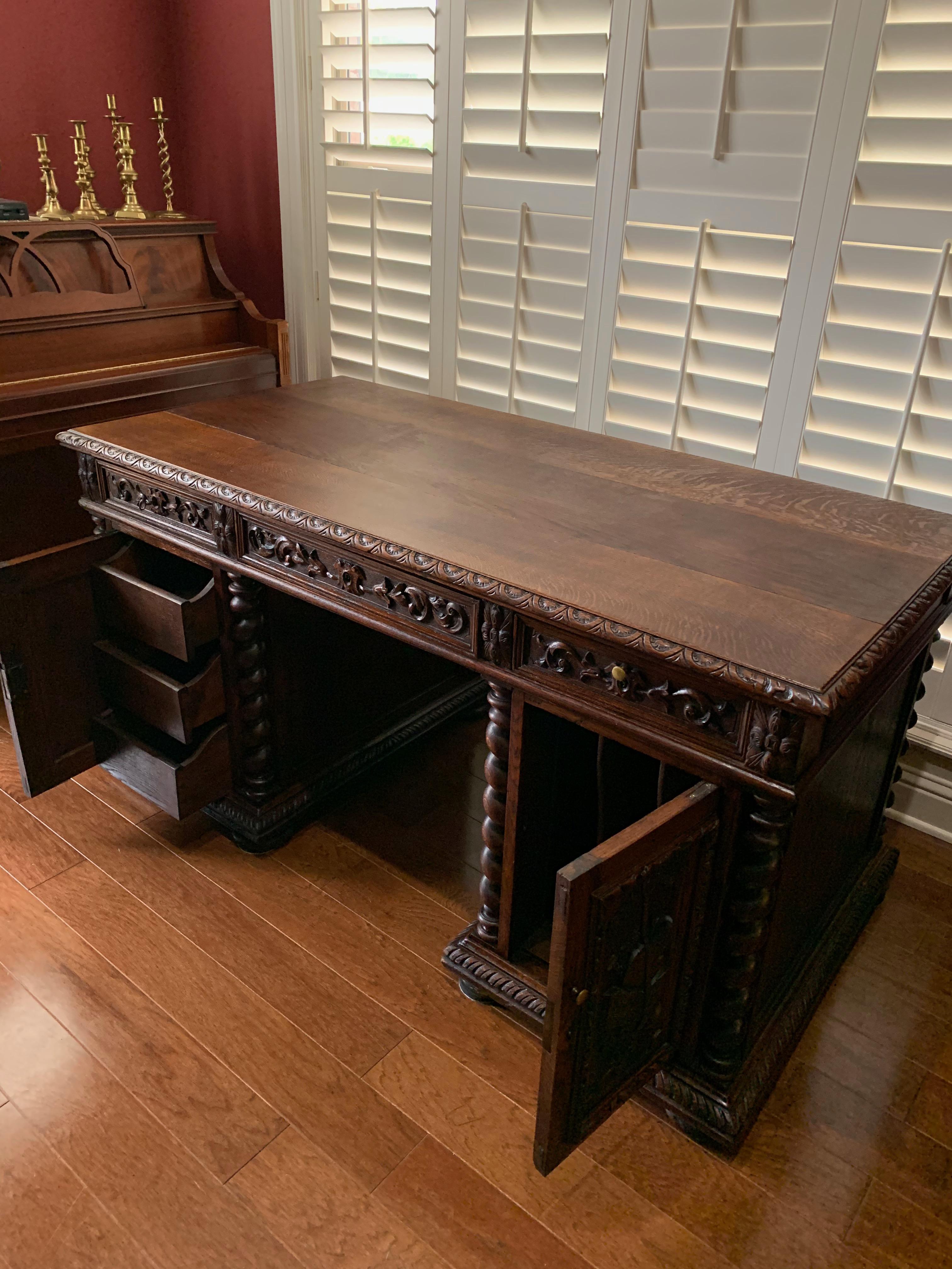 19th Century French Carved Oak Barley Twist Partners Office Desk Renaissance 8