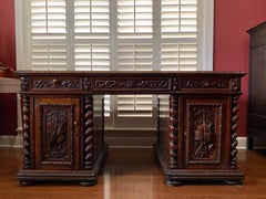 19th Century French Carved Oak Barley Twist Partners Office Desk Renaissance