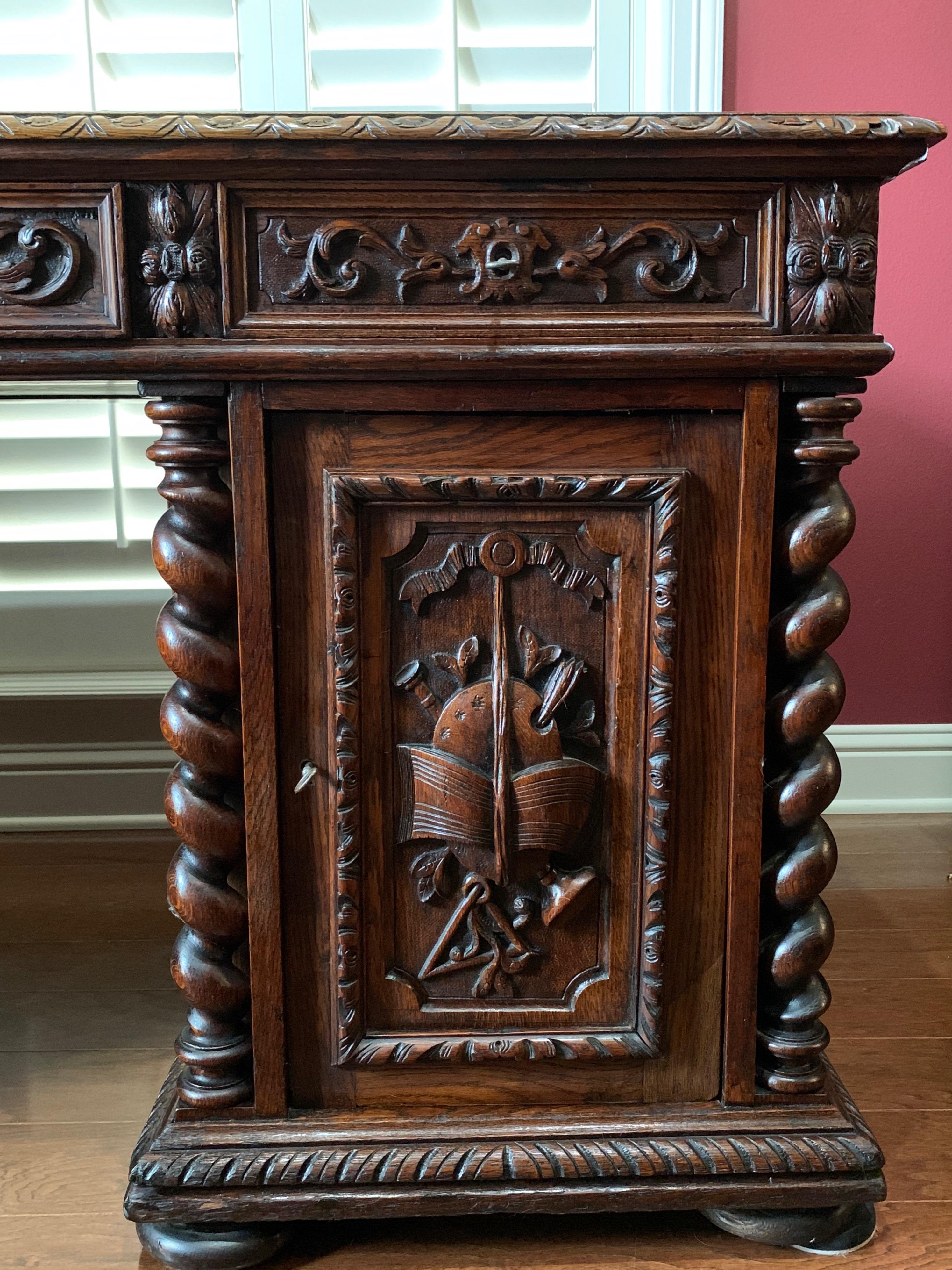 19th Century French Carved Oak Barley Twist Partners Office Desk Renaissance 1