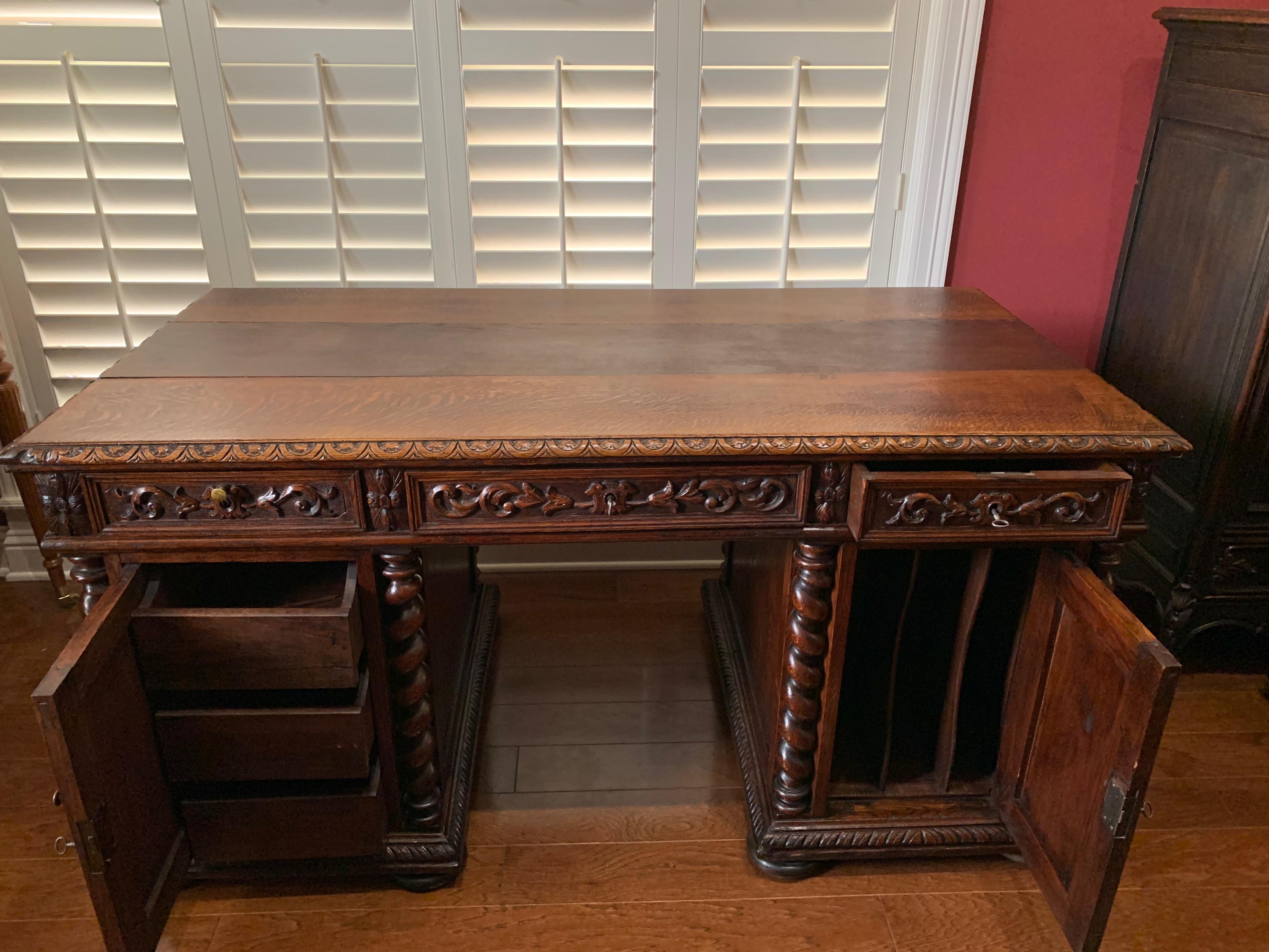 19th Century French Carved Oak Barley Twist Partners Office Desk Renaissance 3