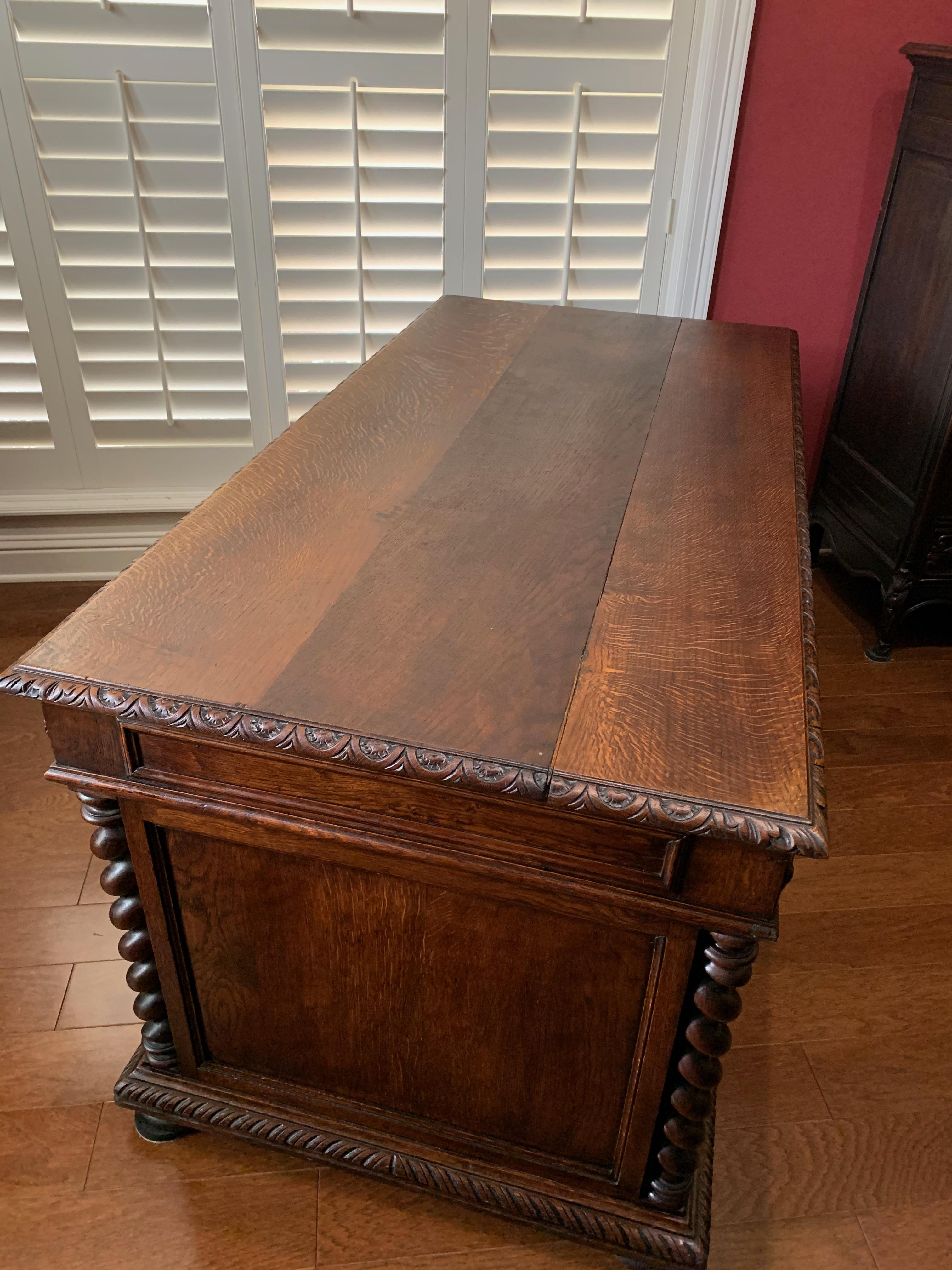 19th Century French Carved Oak Barley Twist Partners Office Desk Renaissance 4